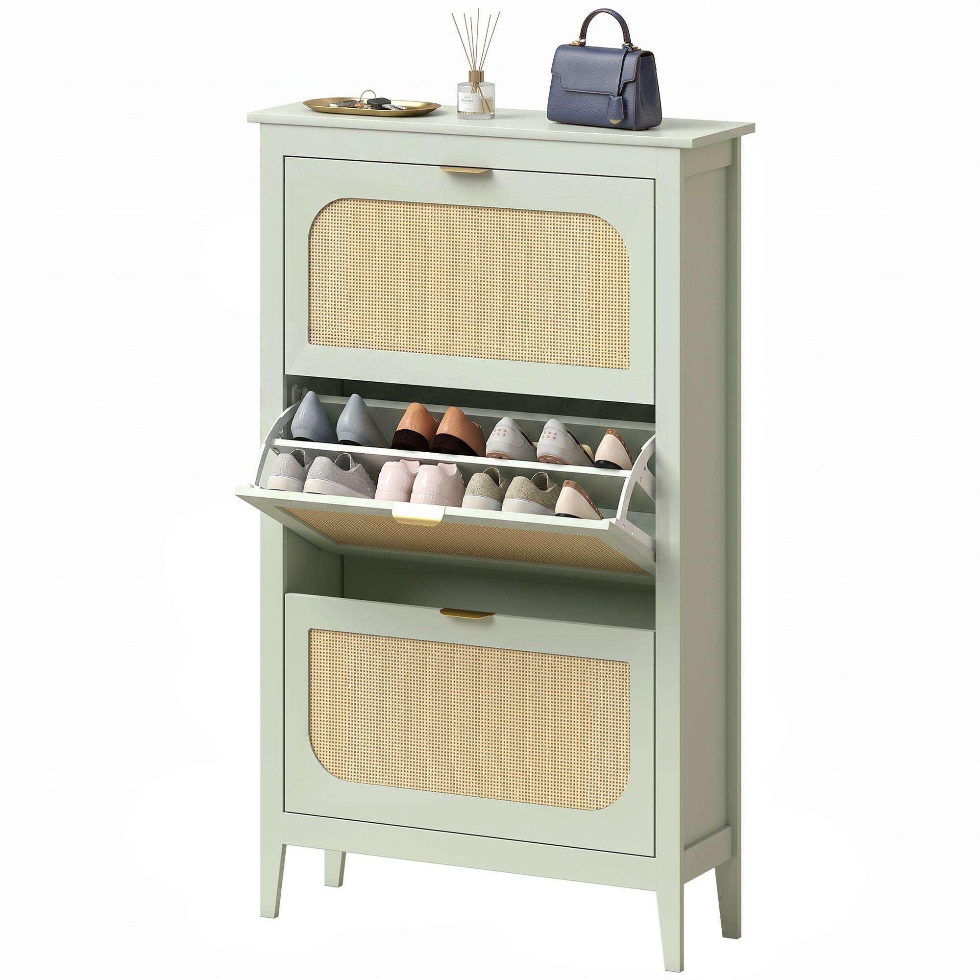 Shoe Storage Cabinet with 3 Flip Drawers, Boho Slim Shoe Cabinet with Rattan Doors for Entryway, Hallway, Holds 21 Pairs, Light Green
