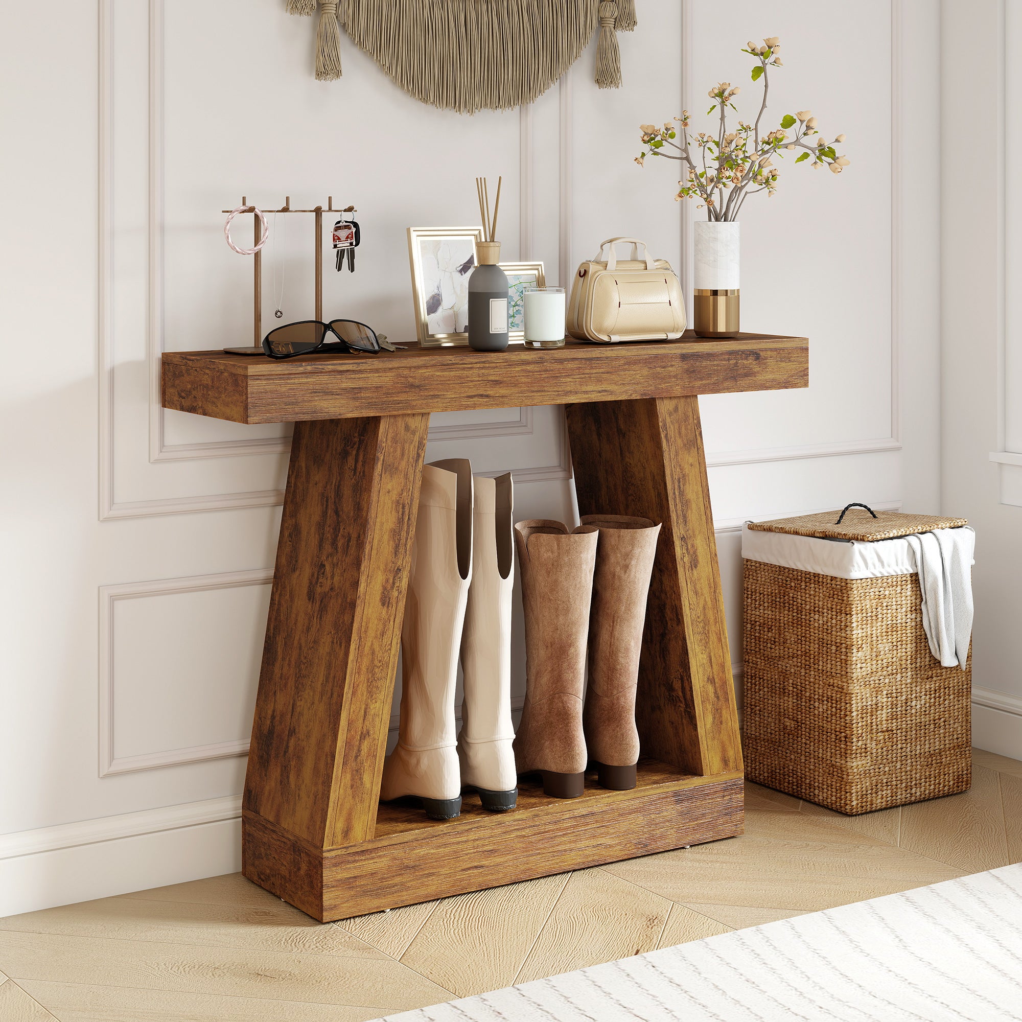 42" Farmhouse Console Table, 2-Tier Entryway Table with Storage and Thickened Tabletop for Hallway, Living Room, Entrance, Behind Couch, Dark Brown