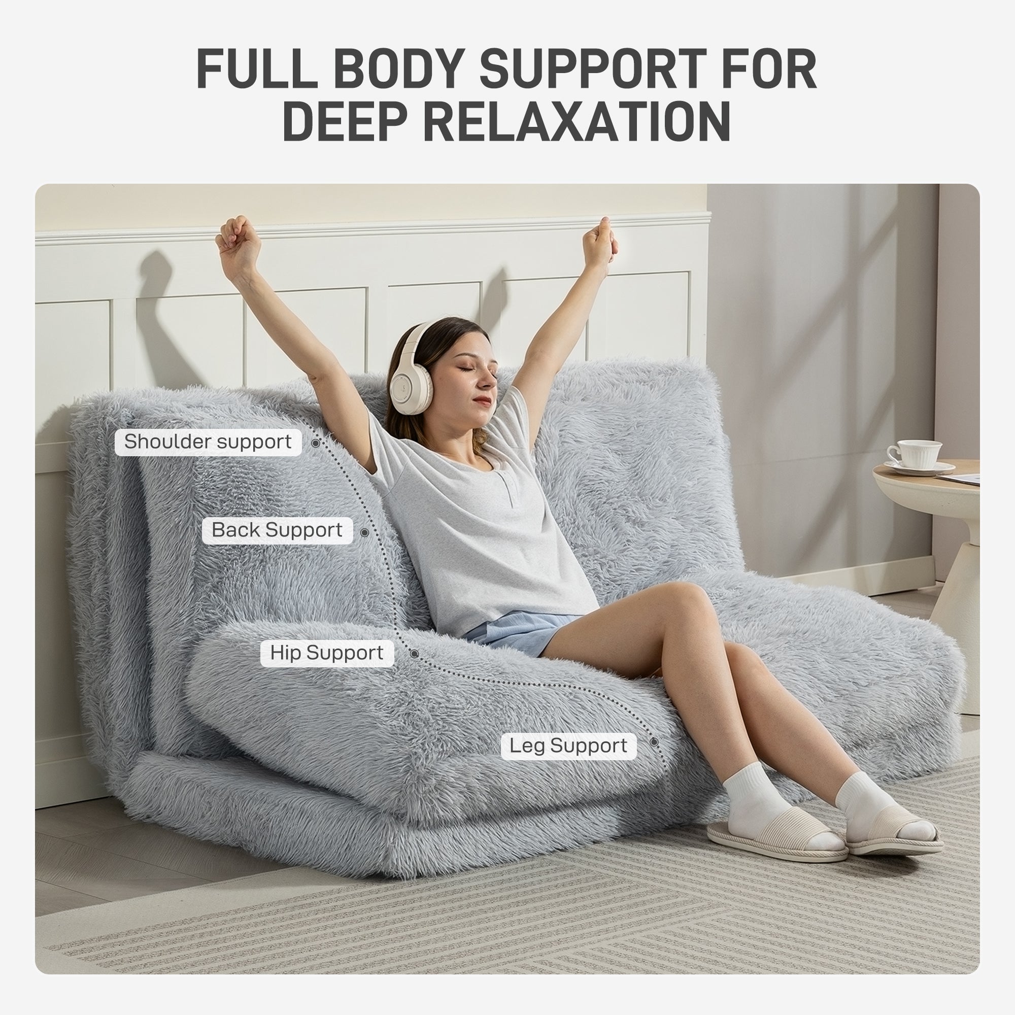 Bean Bag Floor Sofa Bed, Contemporary Plush Wide Folding Floor Mattress, Foam Filling Wall Couch Sleeper, 54.1x103.5 Inch, Light Gray