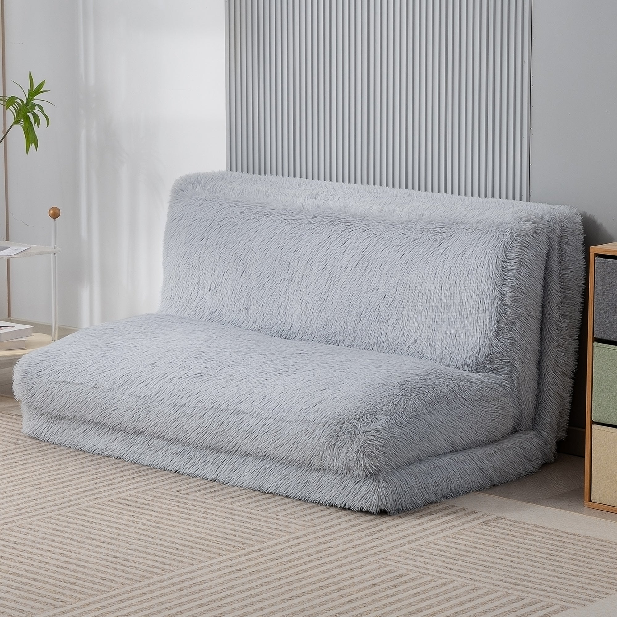 Bean Bag Floor Sofa Bed, Contemporary Plush Wide Folding Floor Mattress, Foam Filling Wall Couch Sleeper, 54.1x103.5 Inch, Light Gray