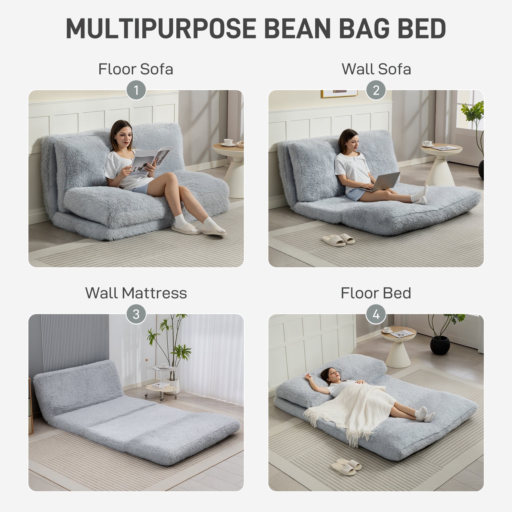 Bean Bag Floor Sofa Bed, Contemporary Plush Wide Folding Floor Mattress, Foam Filling Wall Couch Sleeper, 54.1x103.5 Inch, Light Gray