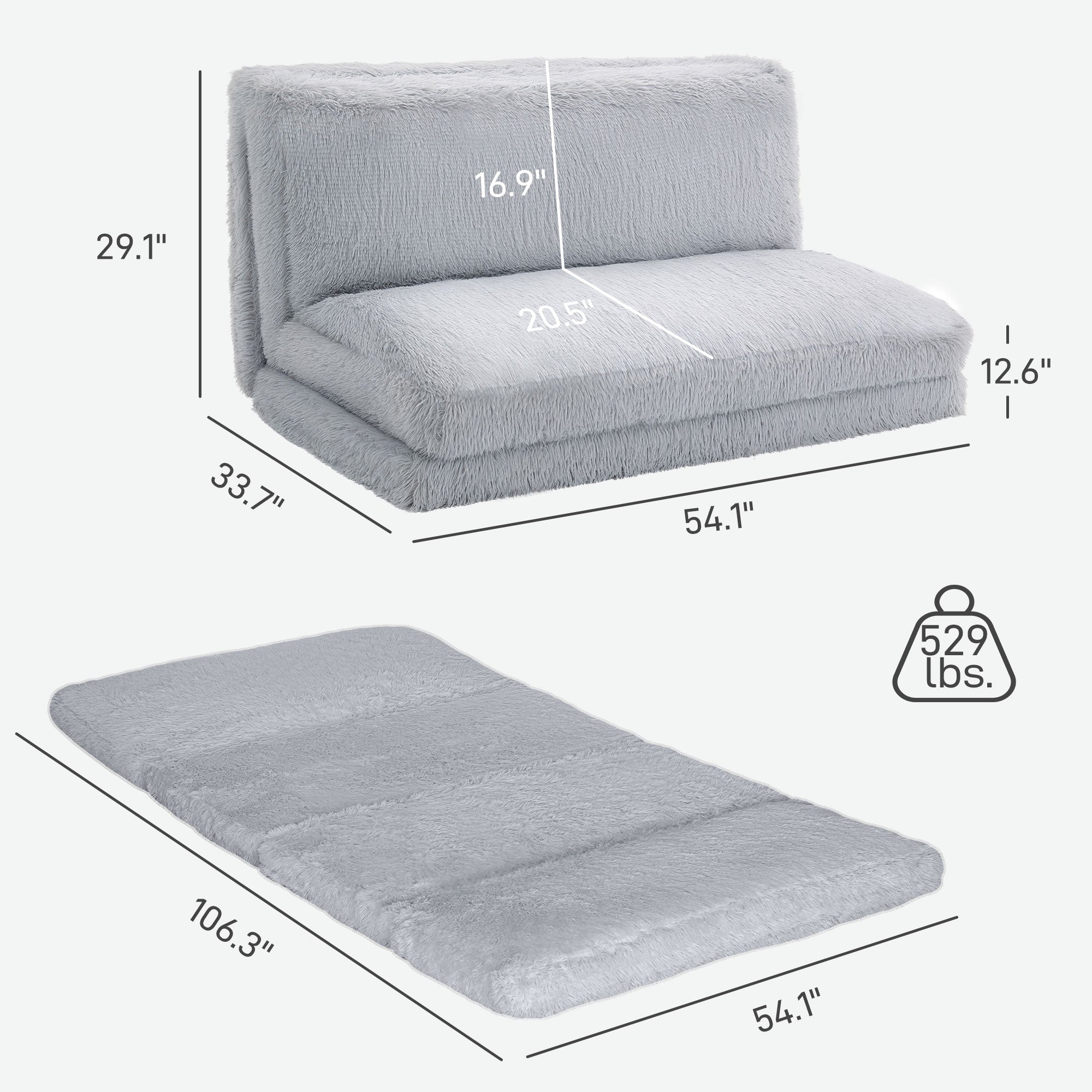 Bean Bag Floor Sofa Bed, Contemporary Plush Wide Folding Floor Mattress, Foam Filling Wall Couch Sleeper, 54.1x103.5 Inch, Light Gray