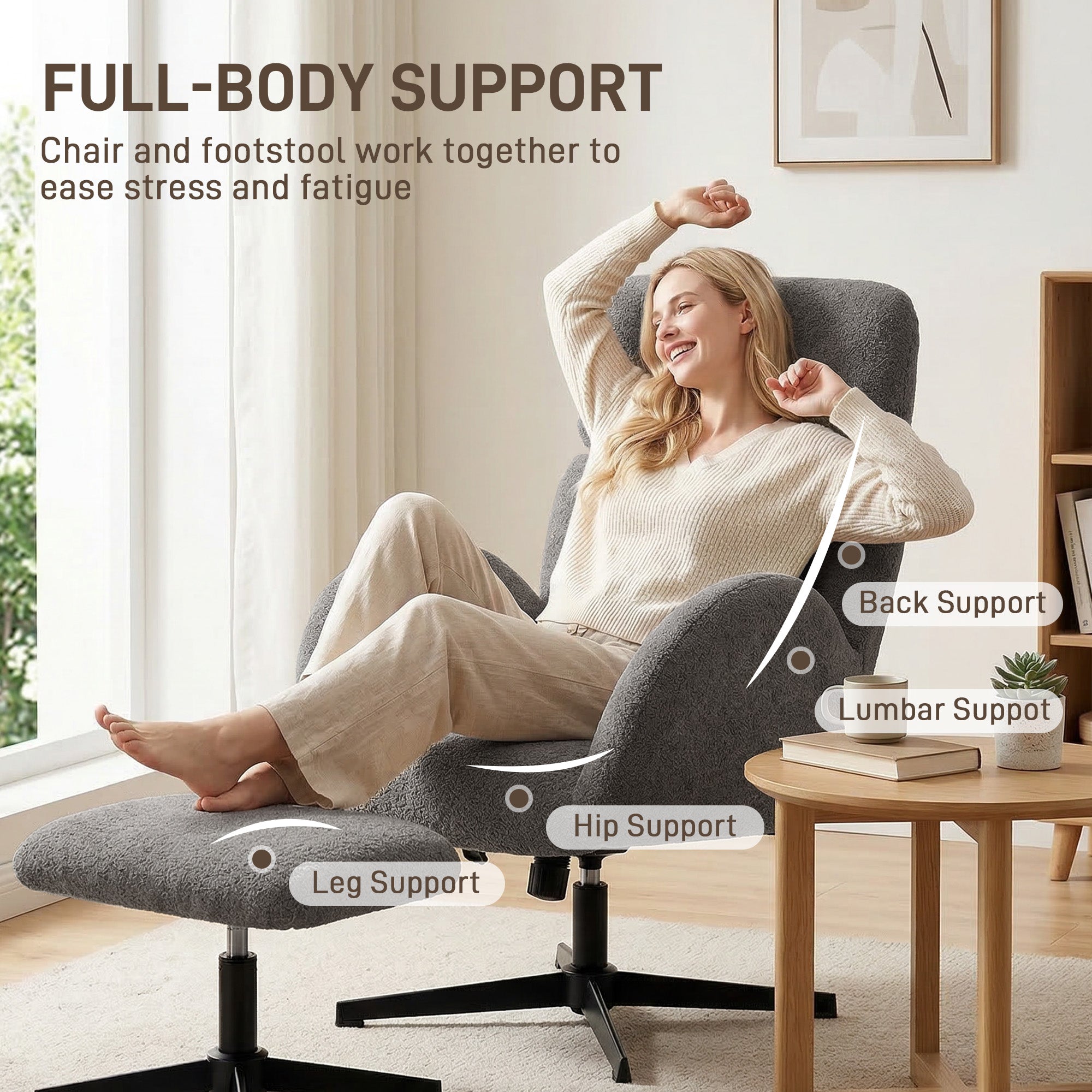 Swivel Armchair and Footstool Set, Raindrop Velvet Height Adjustable Accent Chair with Adjustable Headrest, Rocking Function, Wide Back, Modern Lounge Chair for Living Room, Grey