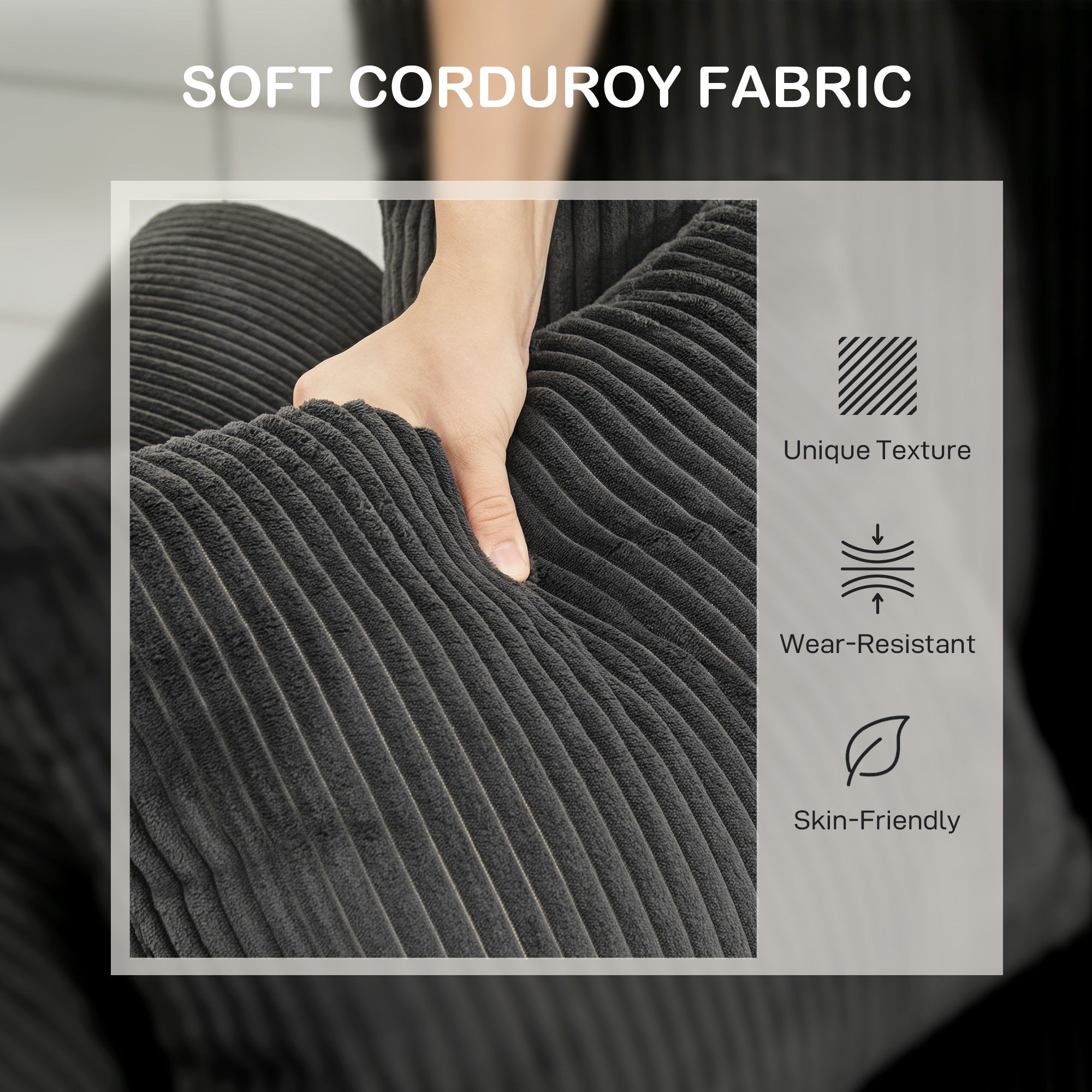 3 Seater Sofa with Curved Armrests, 83" Modern Upholstered Corduroy Couch with 8 Removable Pillows and Thick Padded for Living Room, Bedroom, Home Office, Dark Grey