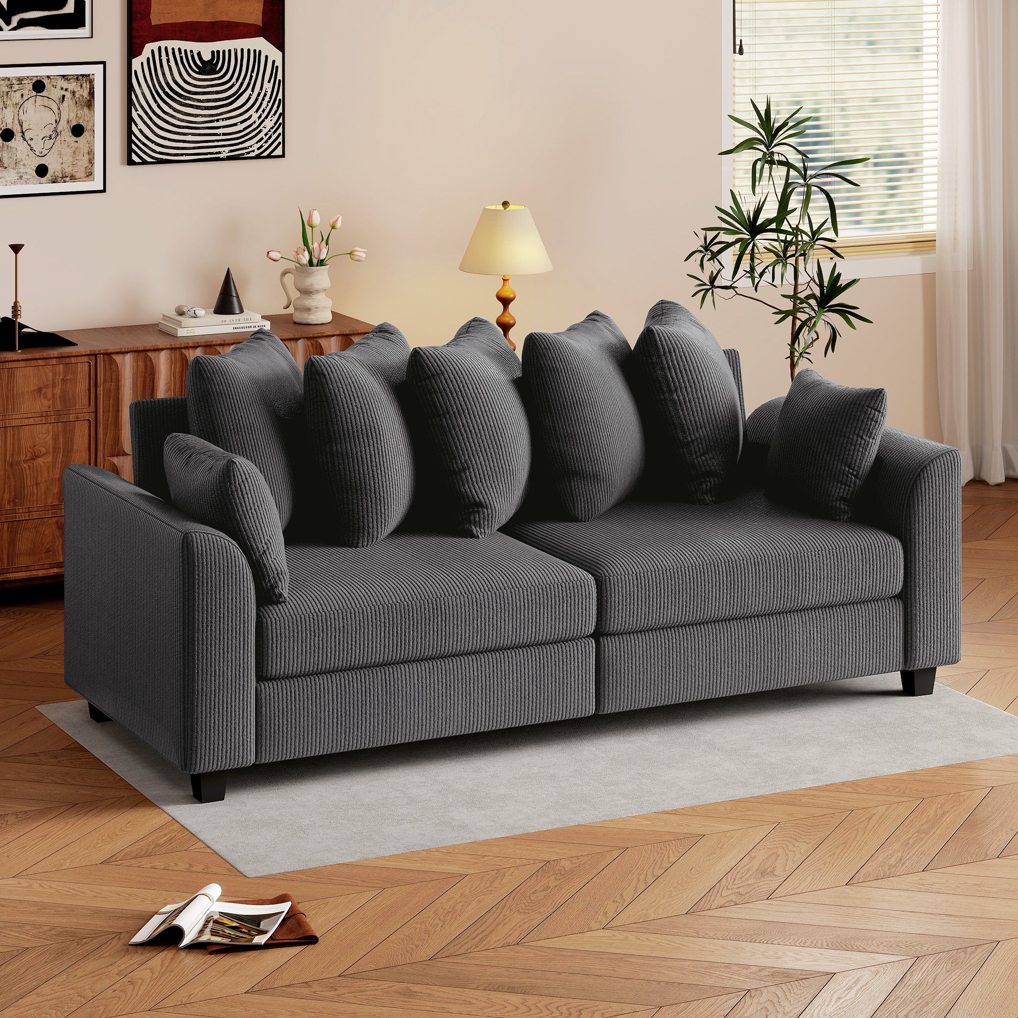 3 Seater Sofa with Curved Armrests, 83" Modern Upholstered Corduroy Couch with 8 Removable Pillows and Thick Padded for Living Room, Bedroom, Home Office, Dark Grey