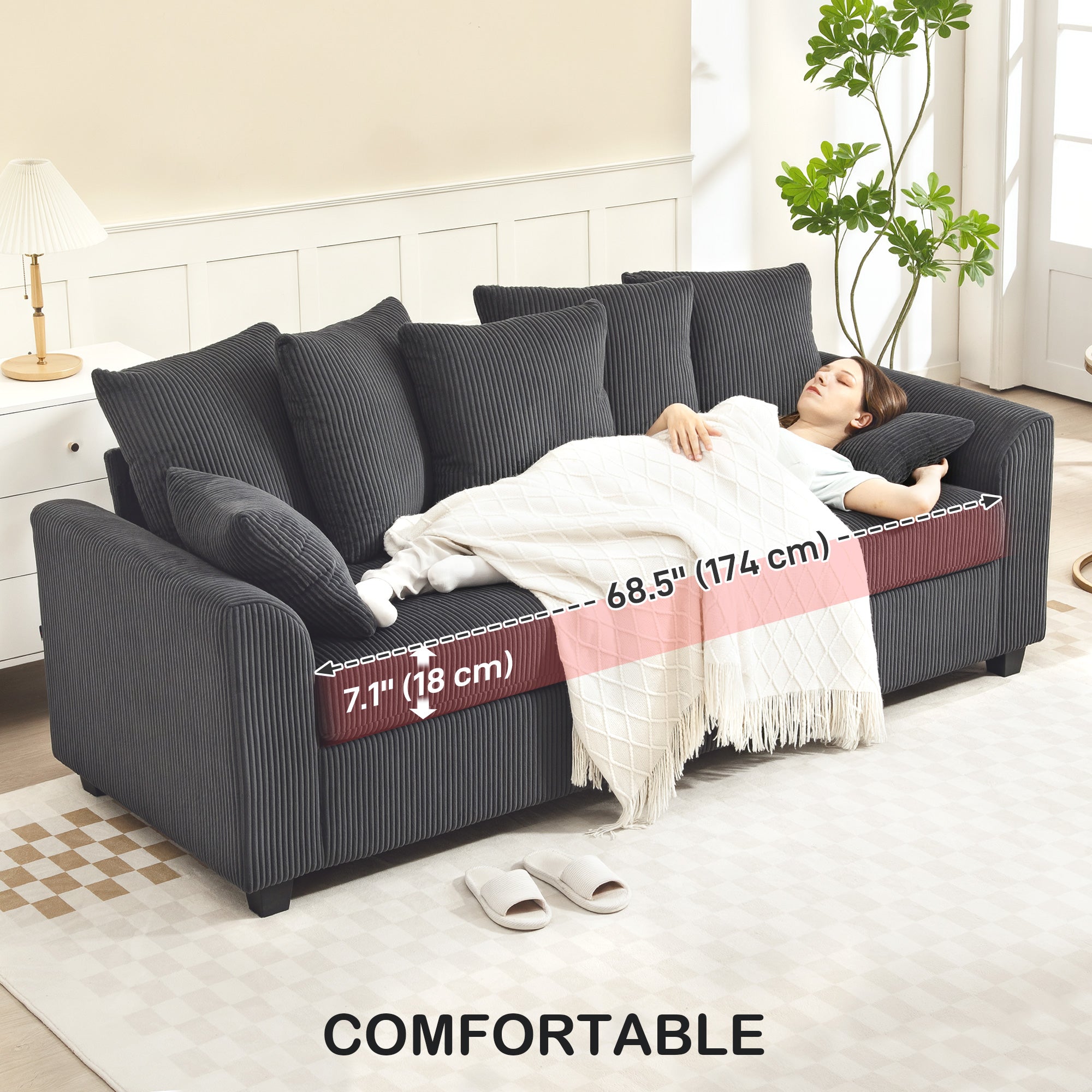 3 Seater Sofa with Curved Armrests, 83" Modern Upholstered Corduroy Couch with 8 Removable Pillows and Thick Padded for Living Room, Bedroom, Home Office, Dark Grey