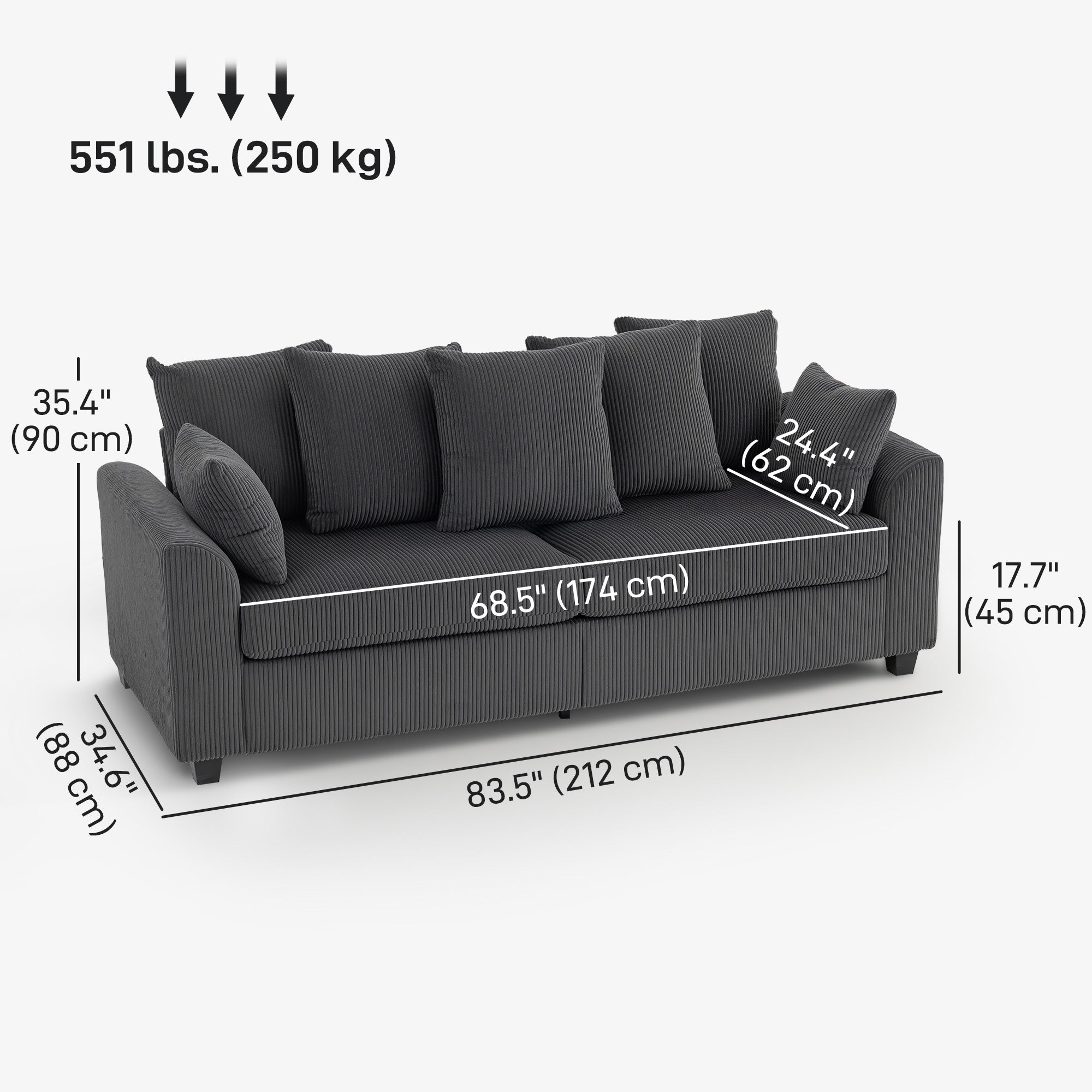 3 Seater Sofa with Curved Armrests, 83" Modern Upholstered Corduroy Couch with 8 Removable Pillows and Thick Padded for Living Room, Bedroom, Home Office, Dark Grey