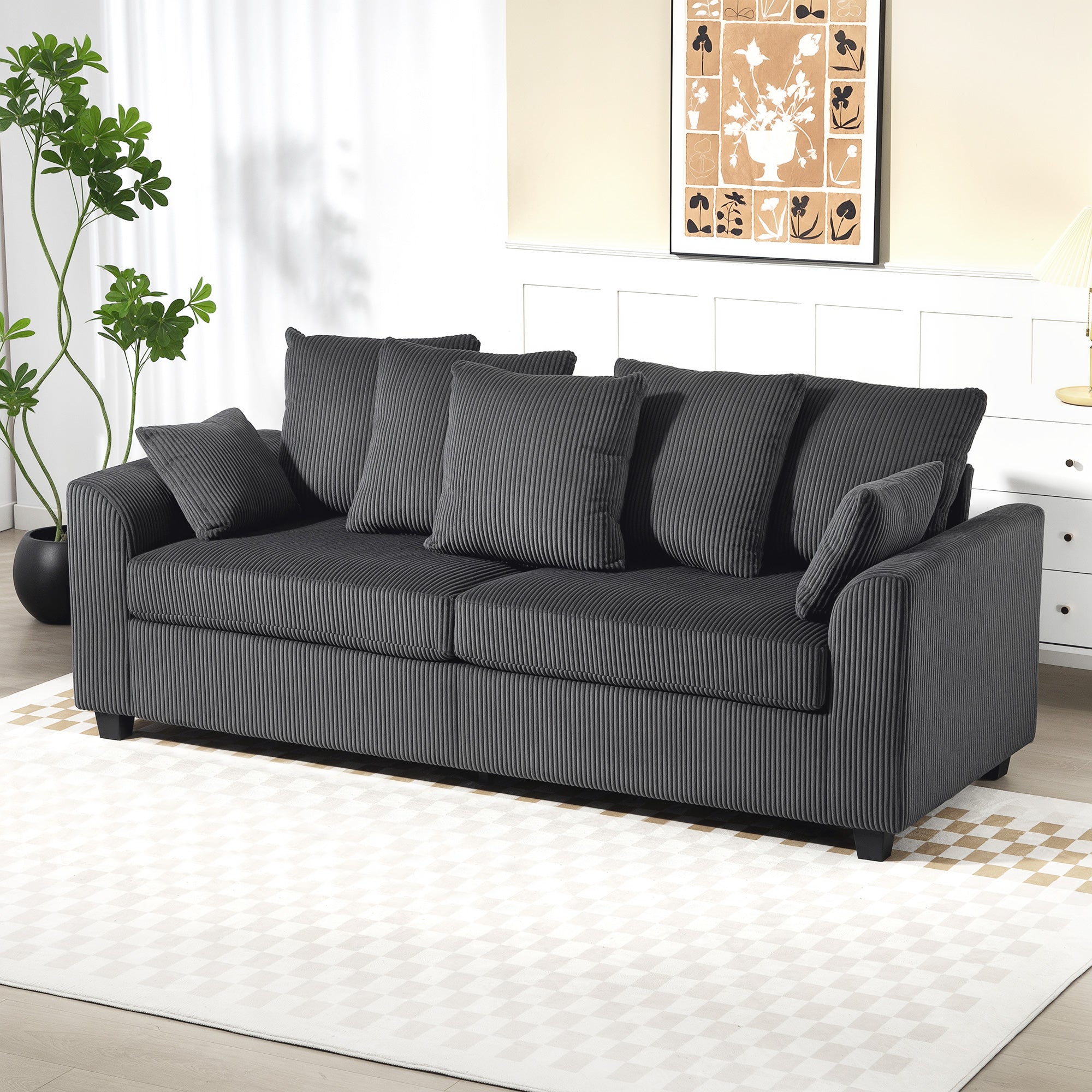 3 Seater Sofa with Curved Armrests, 83" Modern Upholstered Corduroy Couch with 8 Removable Pillows and Thick Padded for Living Room, Bedroom, Home Office, Dark Grey