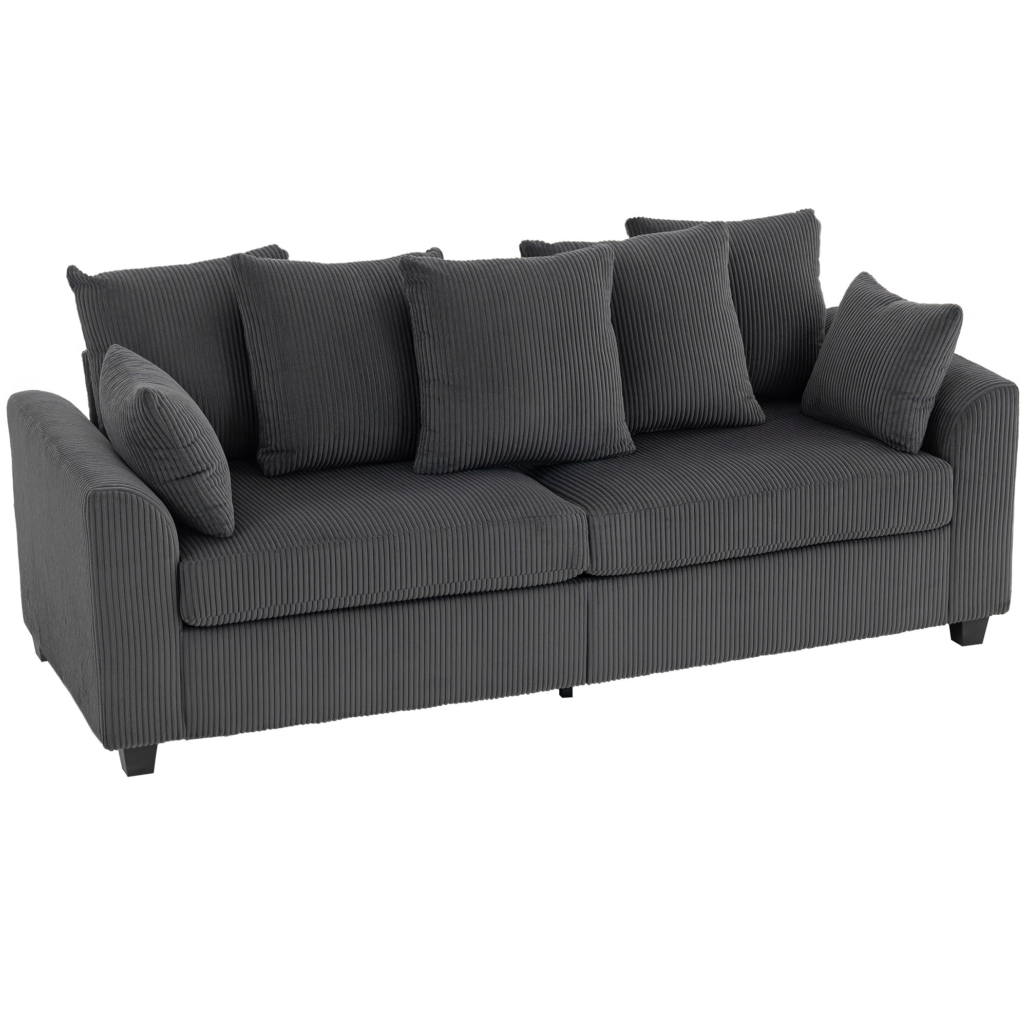 3 Seater Sofa with Curved Armrests, 83" Modern Upholstered Corduroy Couch with 8 Removable Pillows and Thick Padded for Living Room, Bedroom, Home Office, Dark Grey