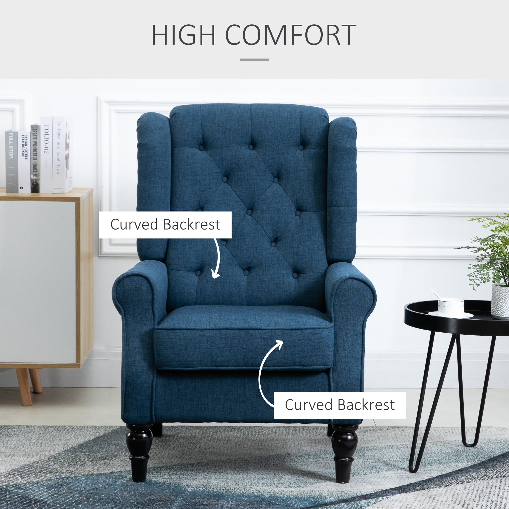HOMCOM Retro Accent Chair, Wingback Armchair with Wood Frame Button Tufted Design for Living Room Bedroom, Blue