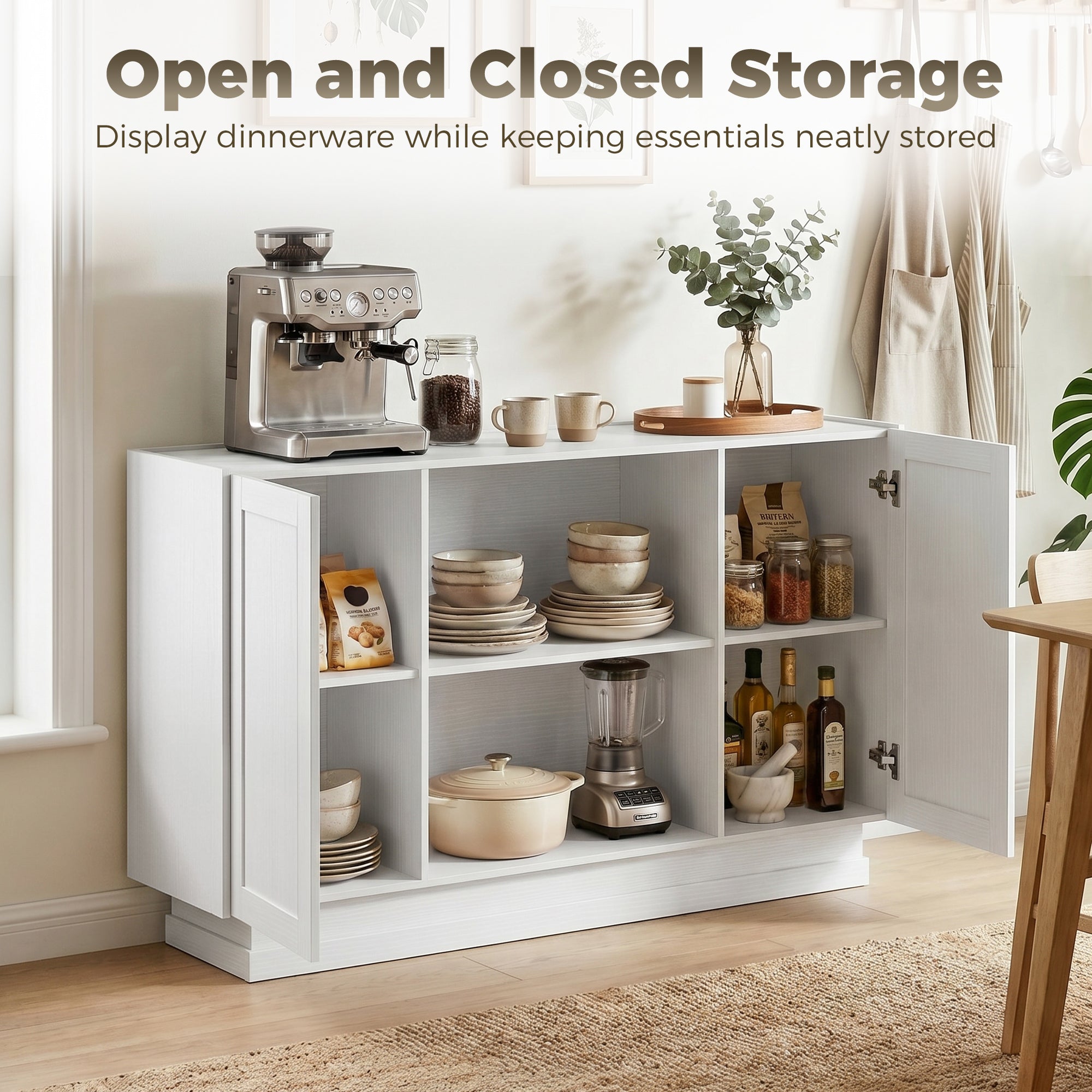 Sideboard Buffet Cabinet, 133 cm Modern Farmhouse Storage Cabinet with 2 Open Shelves, 2 Cupboards and Soft Close Doors for Dining Room, Living Room, White