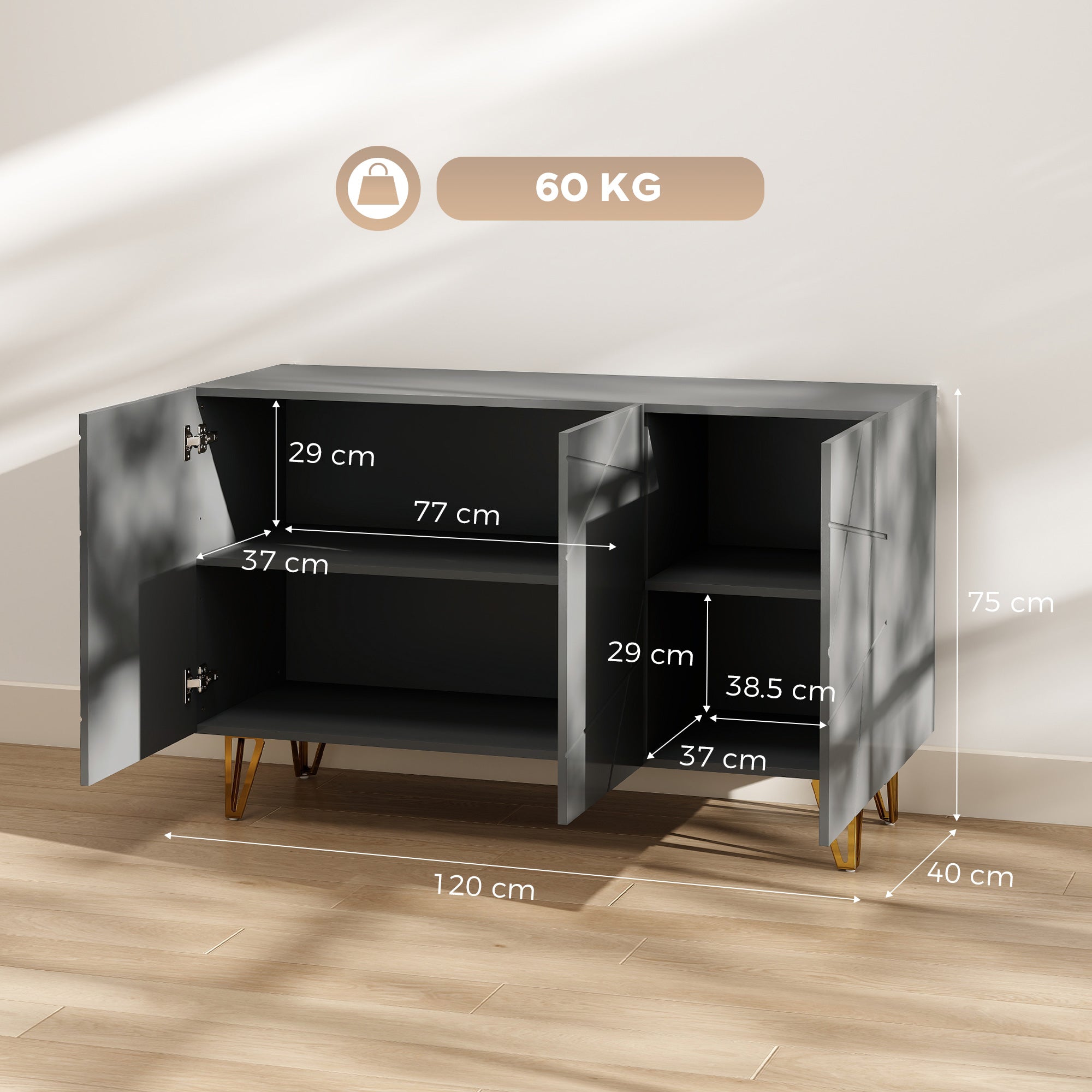 Storage Cabinet with High Gloss, Freestanding Sideboard with Adjustable Shelves, Soft-Close Doors and Gold Tone Hairpin Legs for Living Room, Dining Room, Hallway, Grey