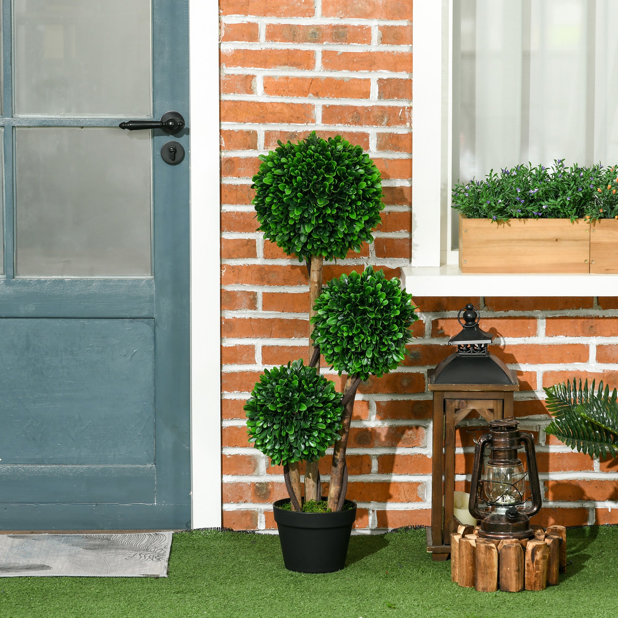 3ft Artificial Tree, Triple Ball Boxwood Topiary with Pot and Sandalwood Leaves