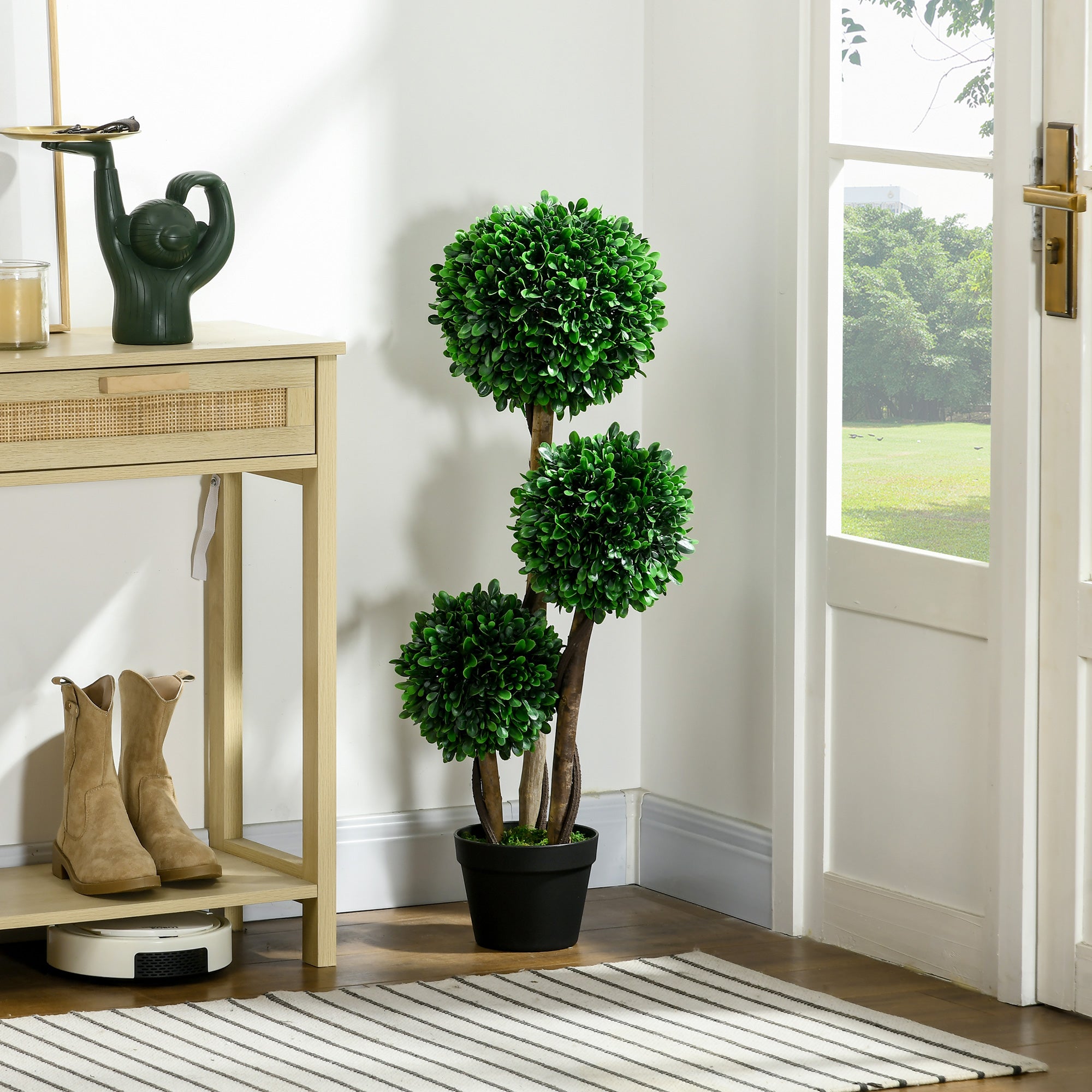 3ft Artificial Tree, Triple Ball Boxwood Topiary with Pot and Sandalwood Leaves