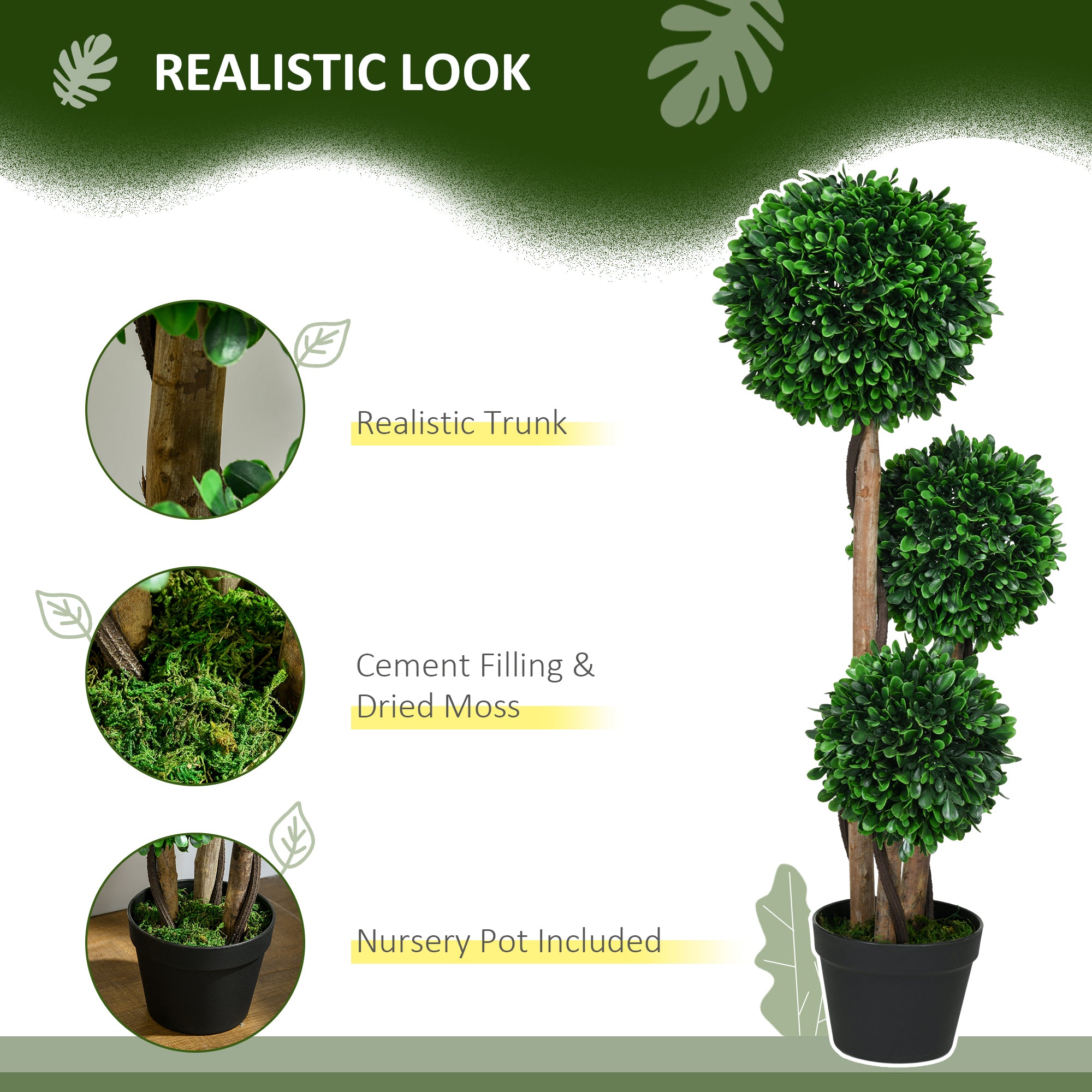3ft Artificial Tree, Triple Ball Boxwood Topiary with Pot and Sandalwood Leaves