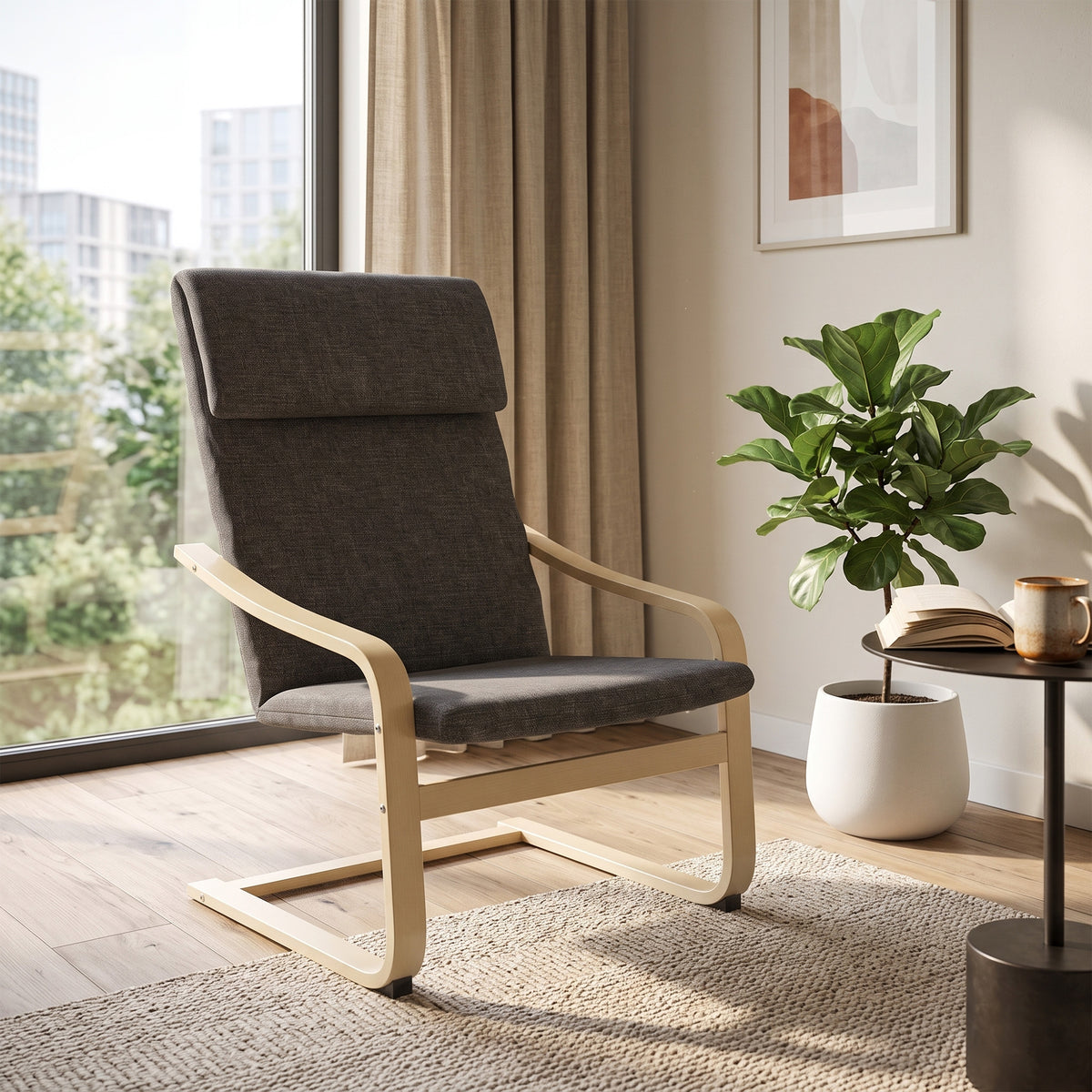 Modern Accent Chair, Linen-Feel Upholstered Living Room Chair with Wood Curved Legs and Wide Padded Seat for Balcony, Dark Grey