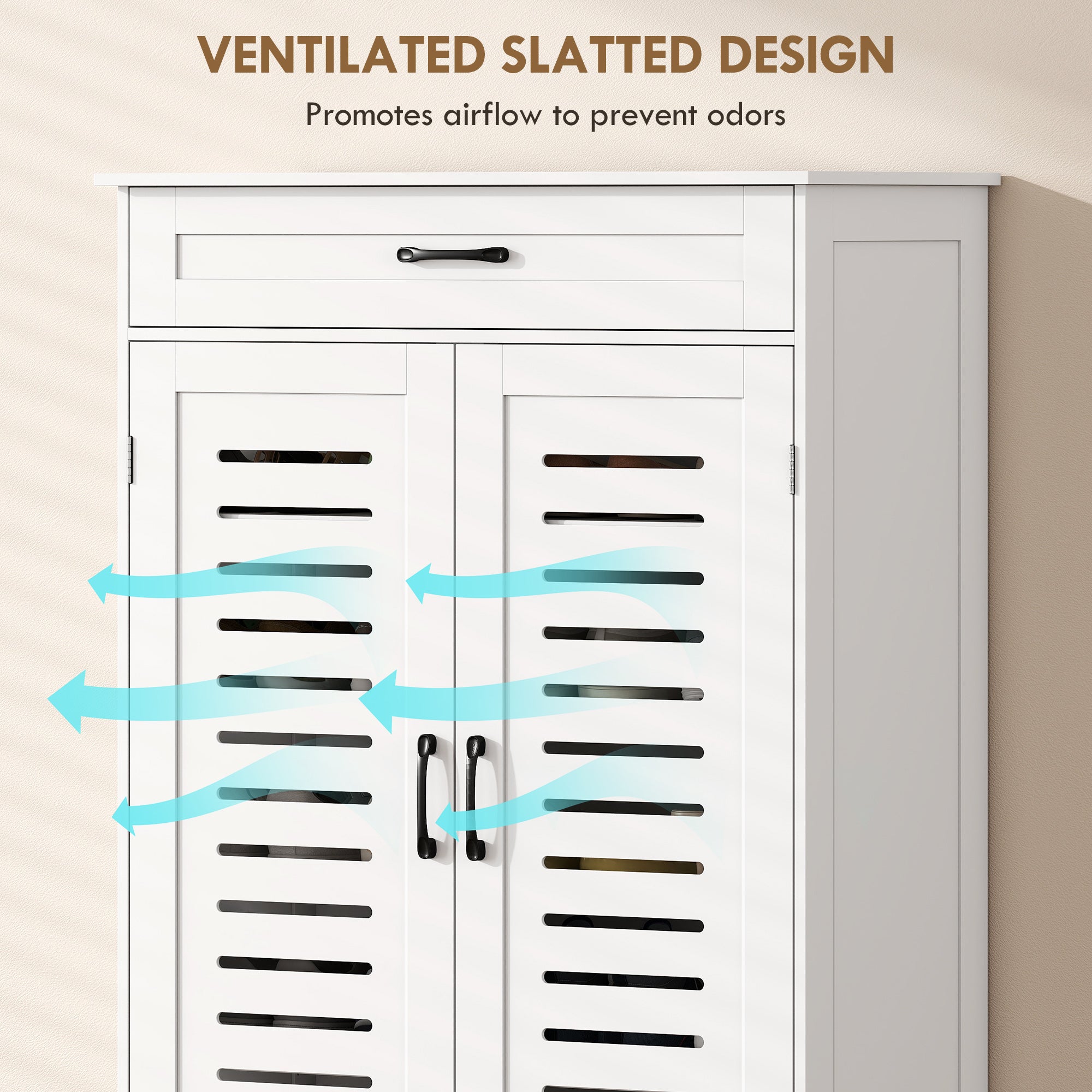 Shoe Cabinet with Louvered Doors, Modern Shoe Storage Cabinet with Drawer and Adjustable Shelves, Holds up to 20 Pairs for Entryway, Hallway, White