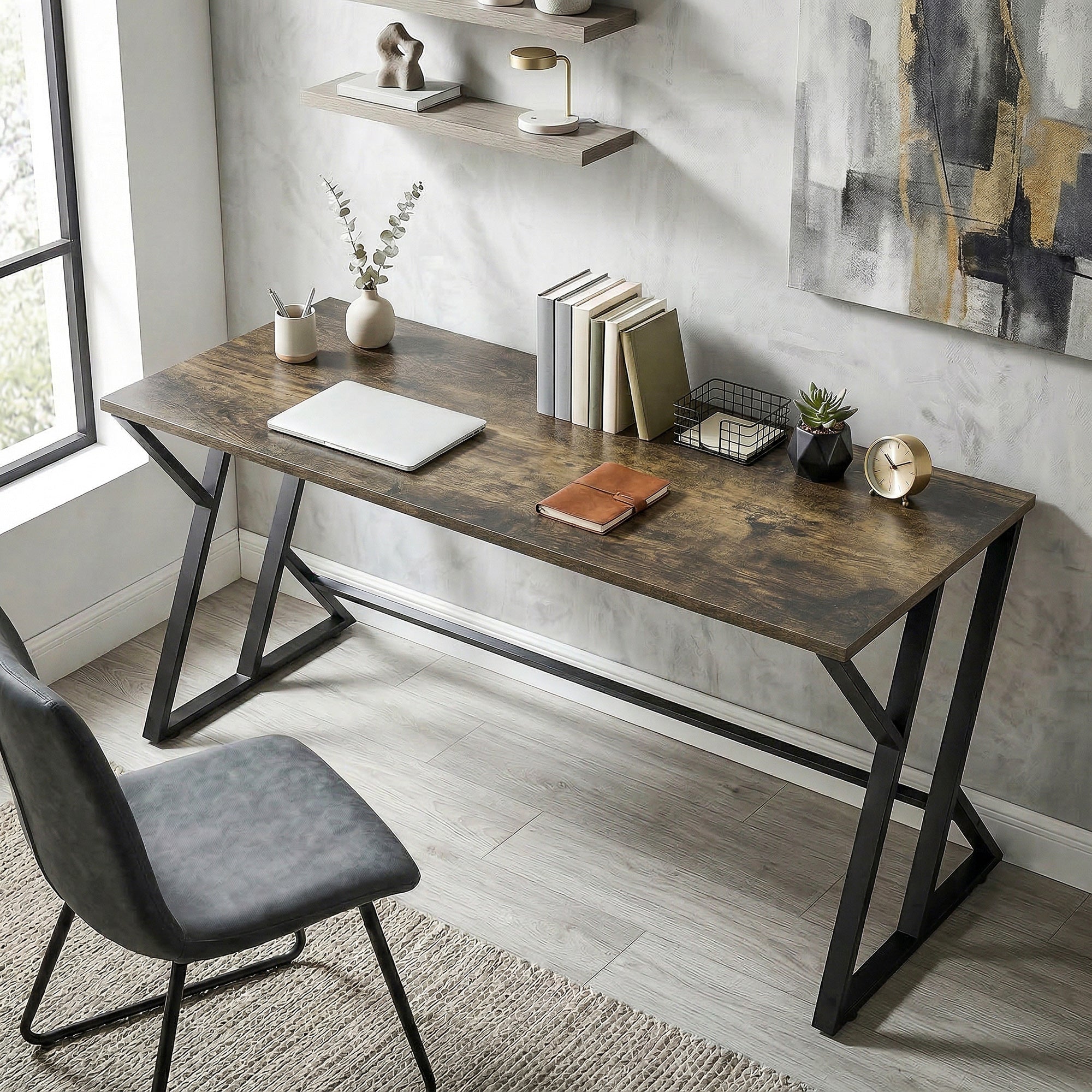 55 Inch Computer Desk, Industrial Writing Desk with Z-Shaped Metal Leg, Study Table for Home Office, Bedroom, Small Spaces, Rustic Brown