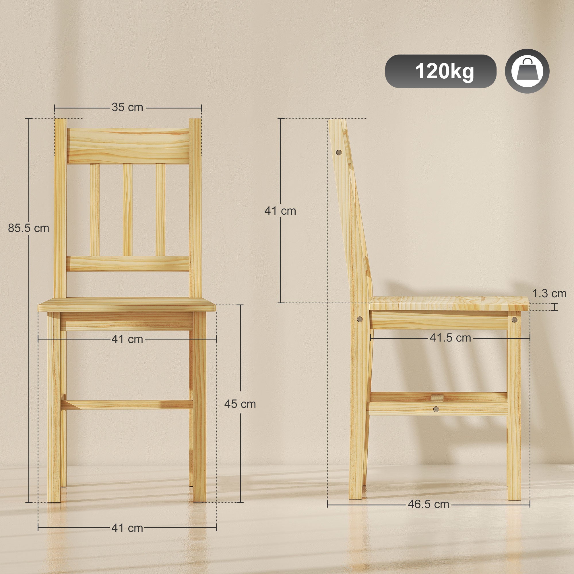 Dining Chairs Set of 2, Kitchen Chair with Slat Back, Pine Wood Structure for Living Room and Dining Room, Natural Wood Finish