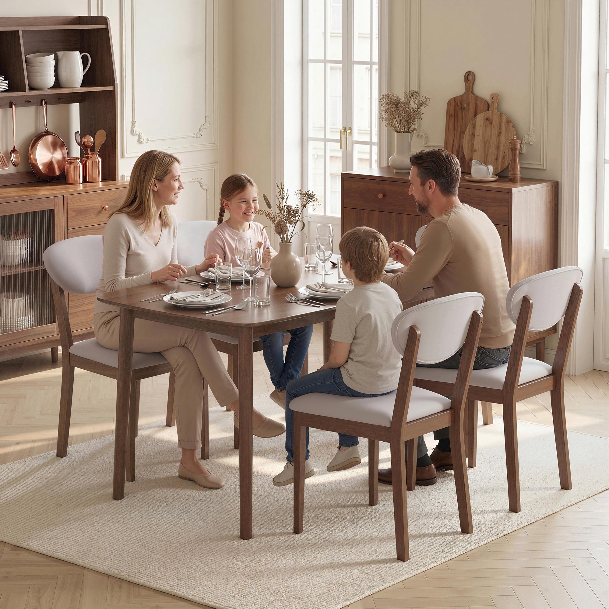 5-Piece Dining Table Set for 4, Mid-Century Modern Kitchen Table and Chairs with Padded Seats and Backrests, Solid Wood Frame for Small Space, Dining Room, Living Room, Light Gray