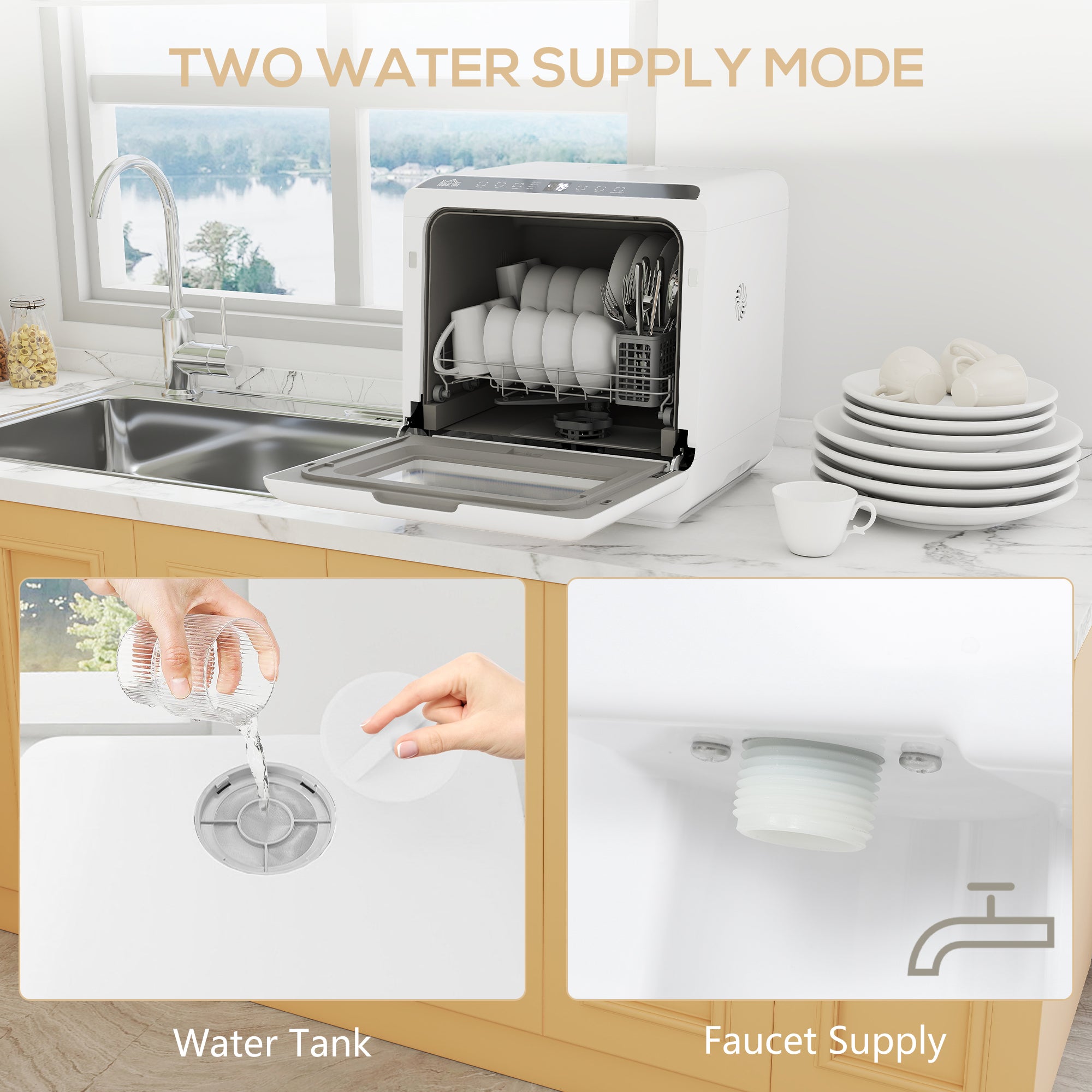 Tabletop Dishwasher, Mini Countertop Dishwasher with Built-in 6L Water Tank, 6 Programs, Touch Control, LED Display, 4 Place Settings, Dual Water Supply and Air Drying Function, White