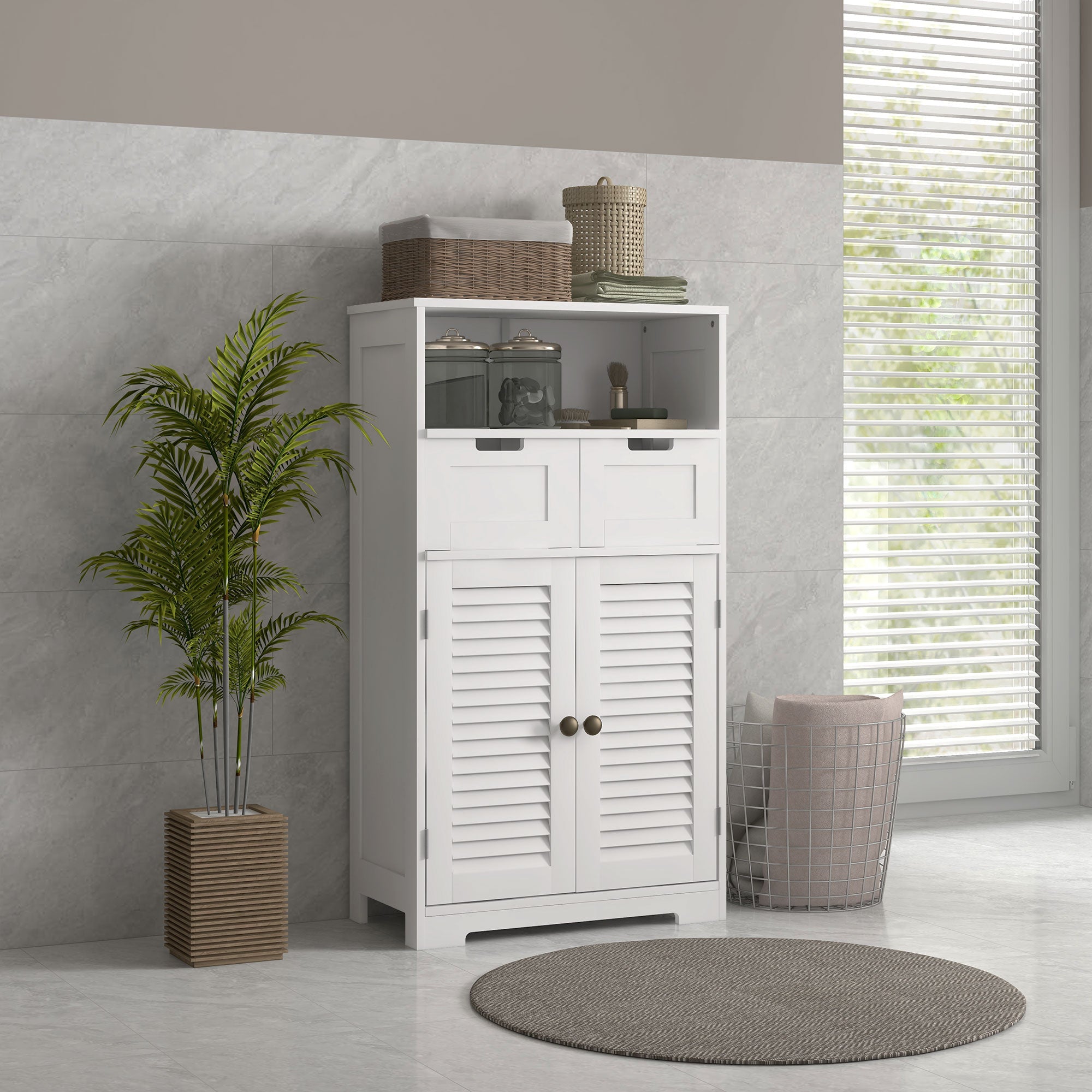 kleankin Bathroom Cabinet with Drawers, Bathroom Storage Cabinet with Louvred Doors, Open Compartment and Adjustable Shelf for Washroom, White