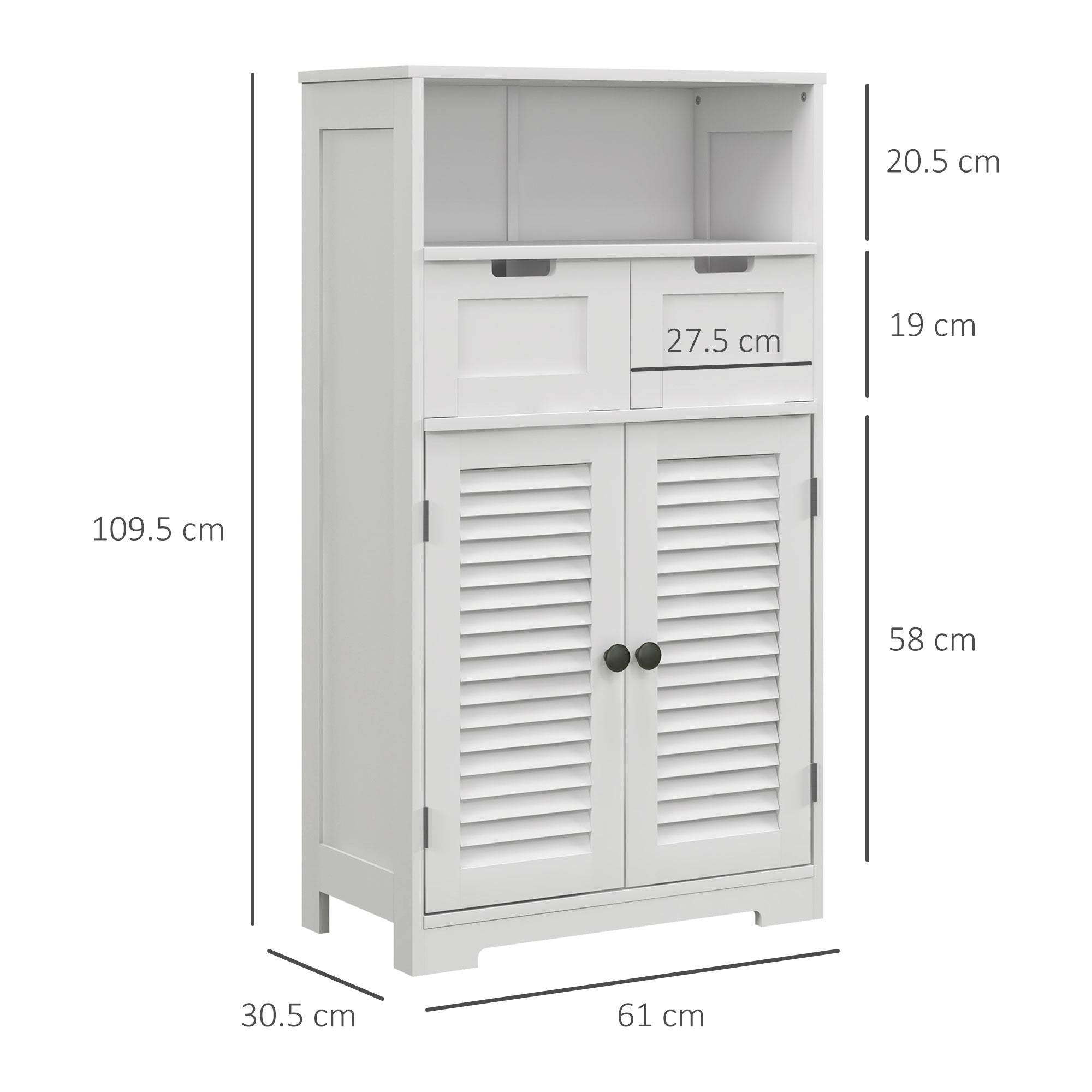 kleankin Bathroom Cabinet with Drawers, Bathroom Storage Cabinet with Louvred Doors, Open Compartment and Adjustable Shelf for Washroom, White