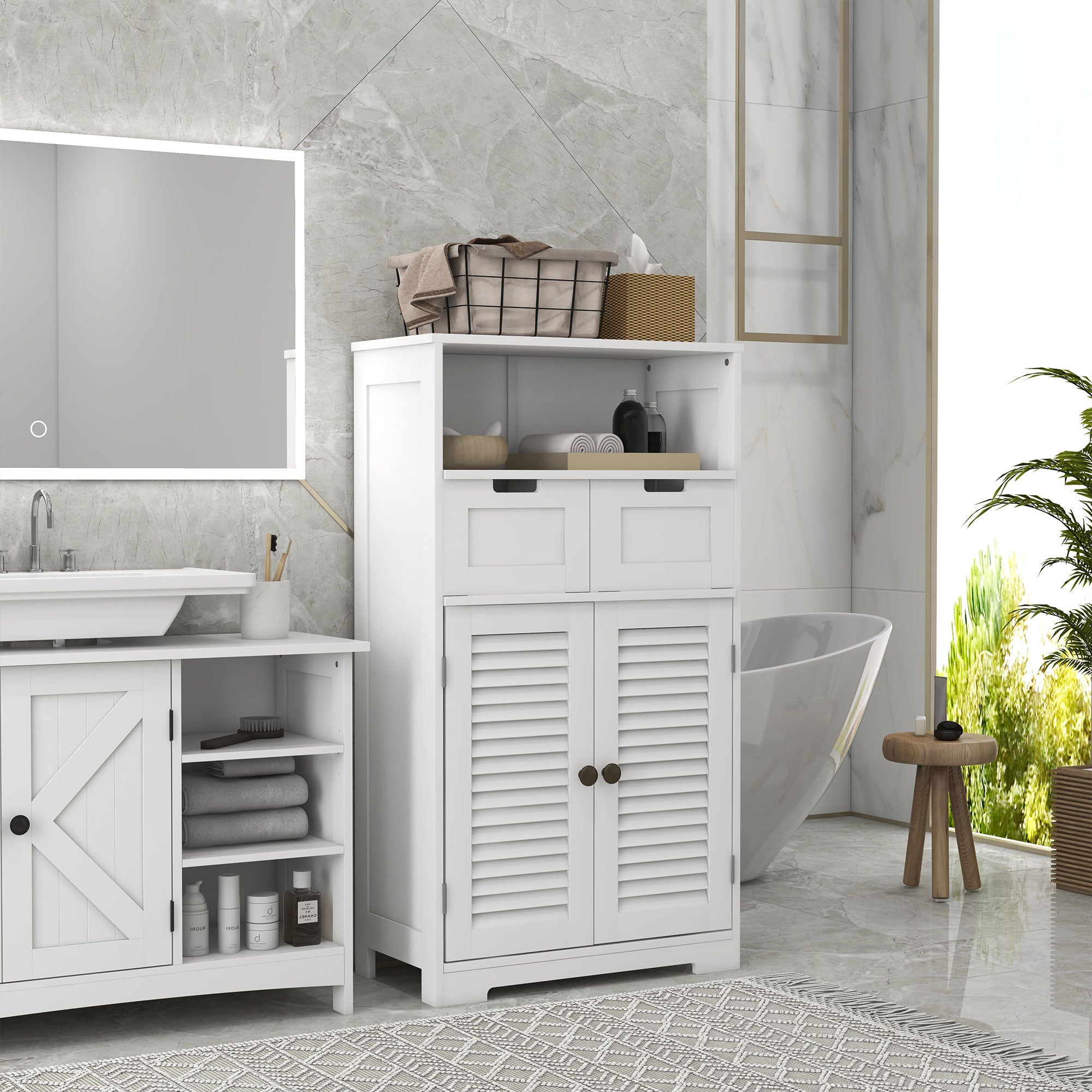 kleankin Bathroom Cabinet with Drawers, Bathroom Storage Cabinet with Louvred Doors, Open Compartment and Adjustable Shelf for Washroom, White