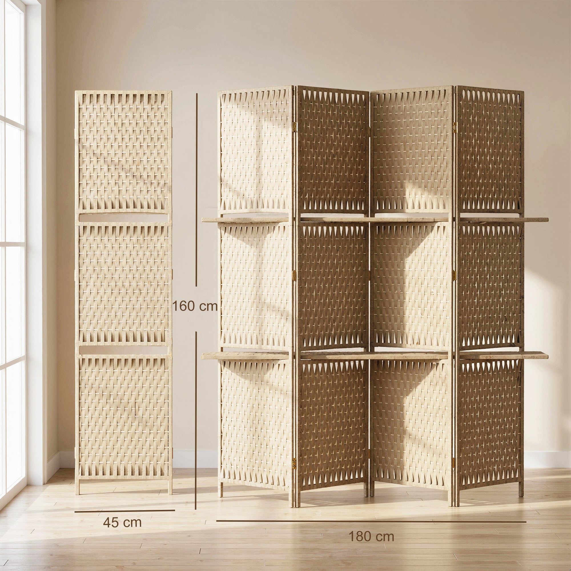 4-Panel Room Divider with Shelves, Wave Fibre Freestanding Folding Privacy Screen Panels, Partition Wall Divider for Indoor Bedroom Office, 180 cm, Natural Wood Finish