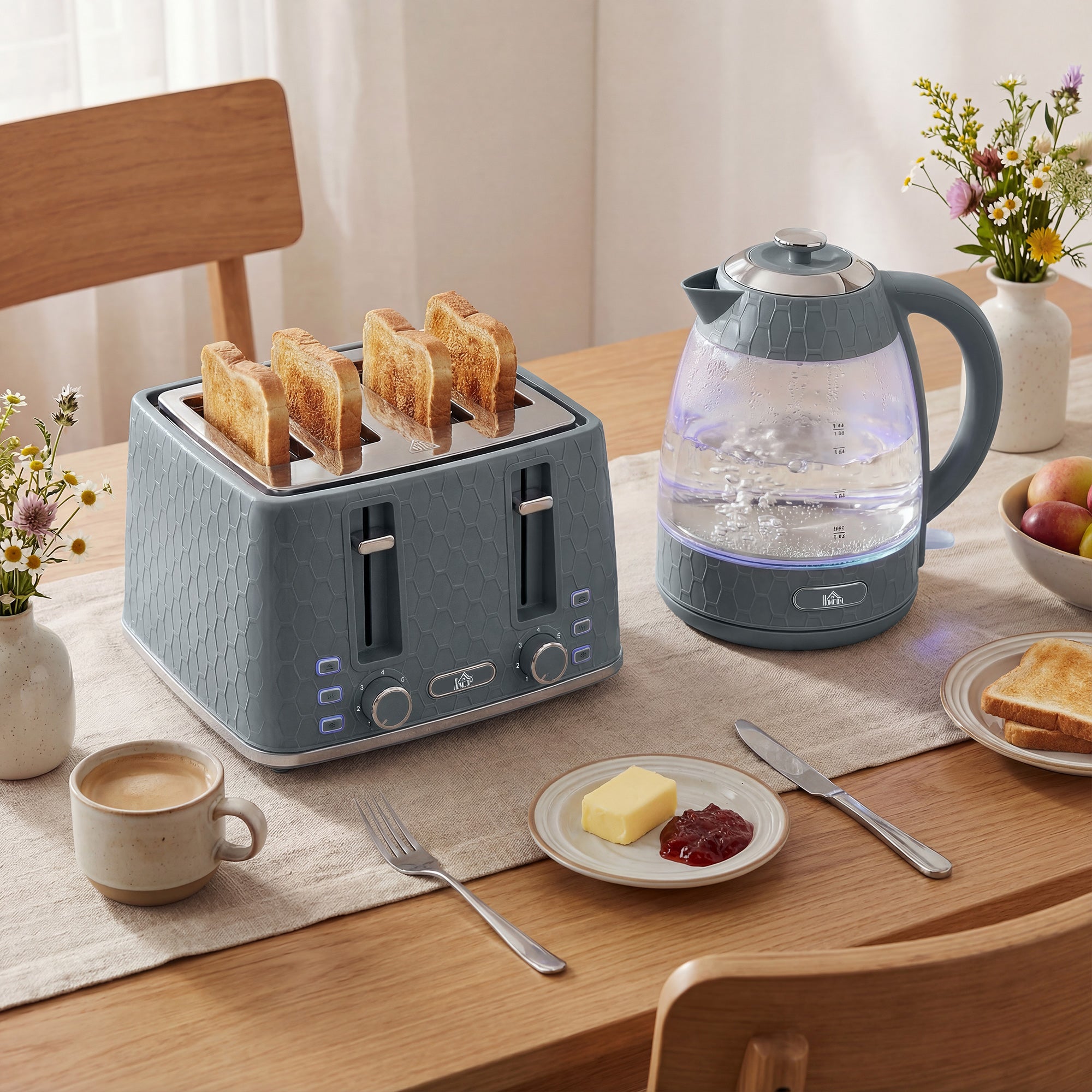 Kettle and Toaster Set, 1.7L 3000W Rapid Boil Jug Kettle with Strix Thermostat, Limescale Filter, 4 Slice Toaster with 7 Browning Controls, Crumb Tray, Grey