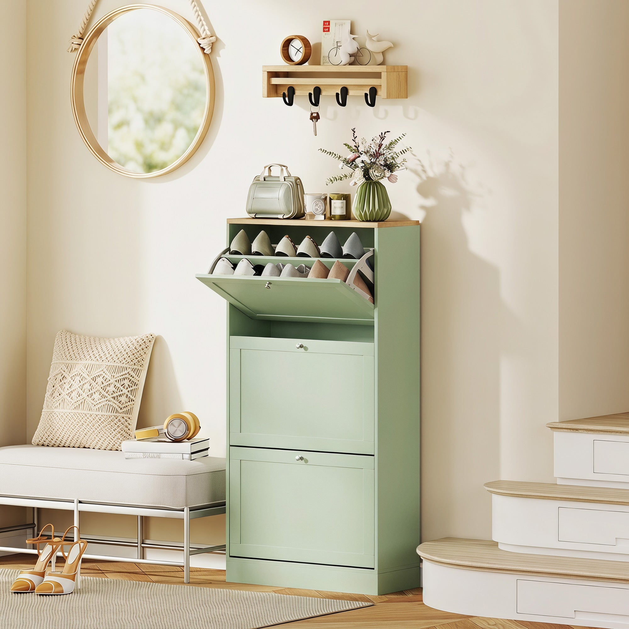 Modern Shoe Storage Cabinet with 3 Flip Drawers, Wooden Freestanding Shoe Cabinet with Adjustable Shelves, 12-18 Pairs, for Entryway, Hallway, Green