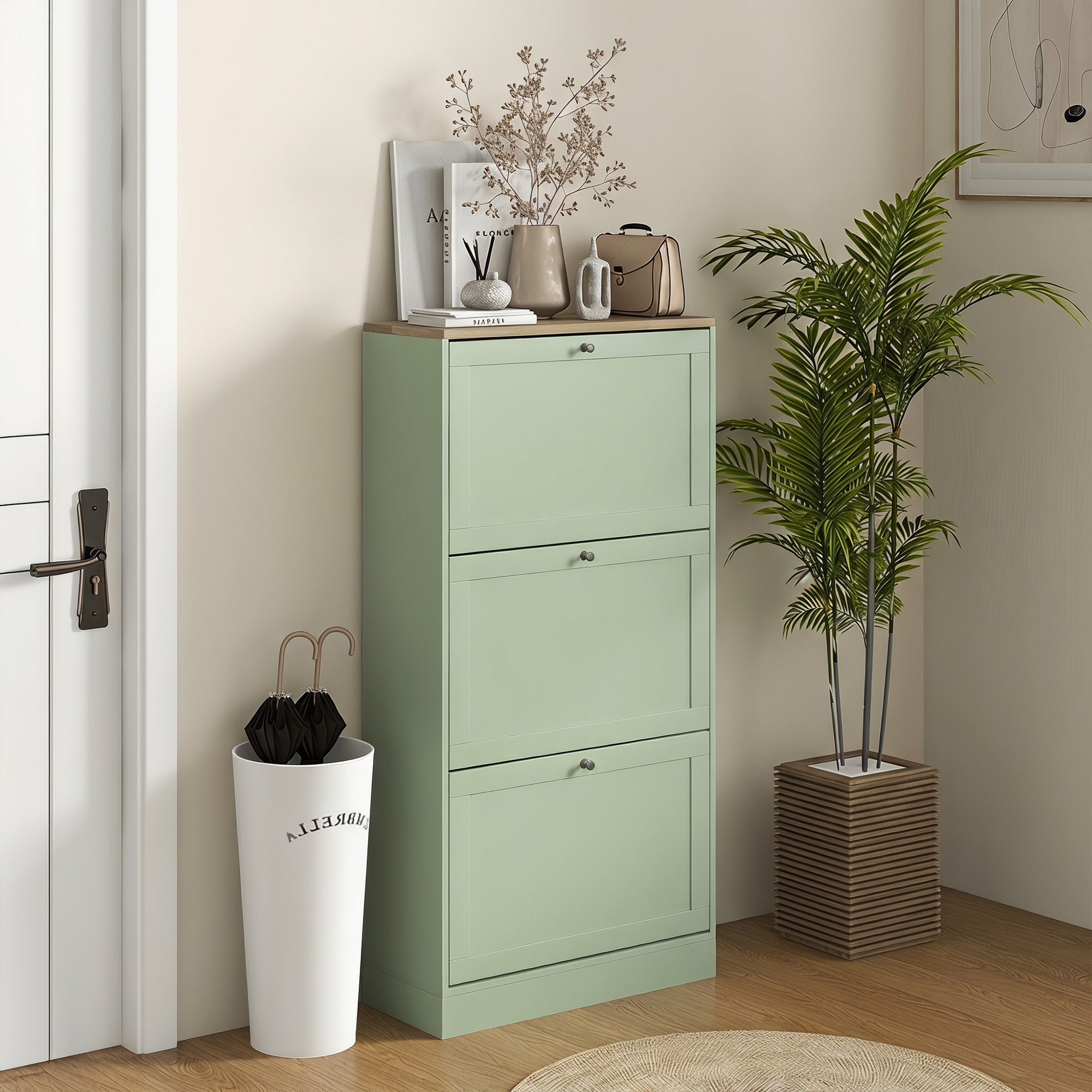 Modern Shoe Storage Cabinet with 3 Flip Drawers, Wooden Freestanding Shoe Cabinet with Adjustable Shelves, 12-18 Pairs, for Entryway, Hallway, Green