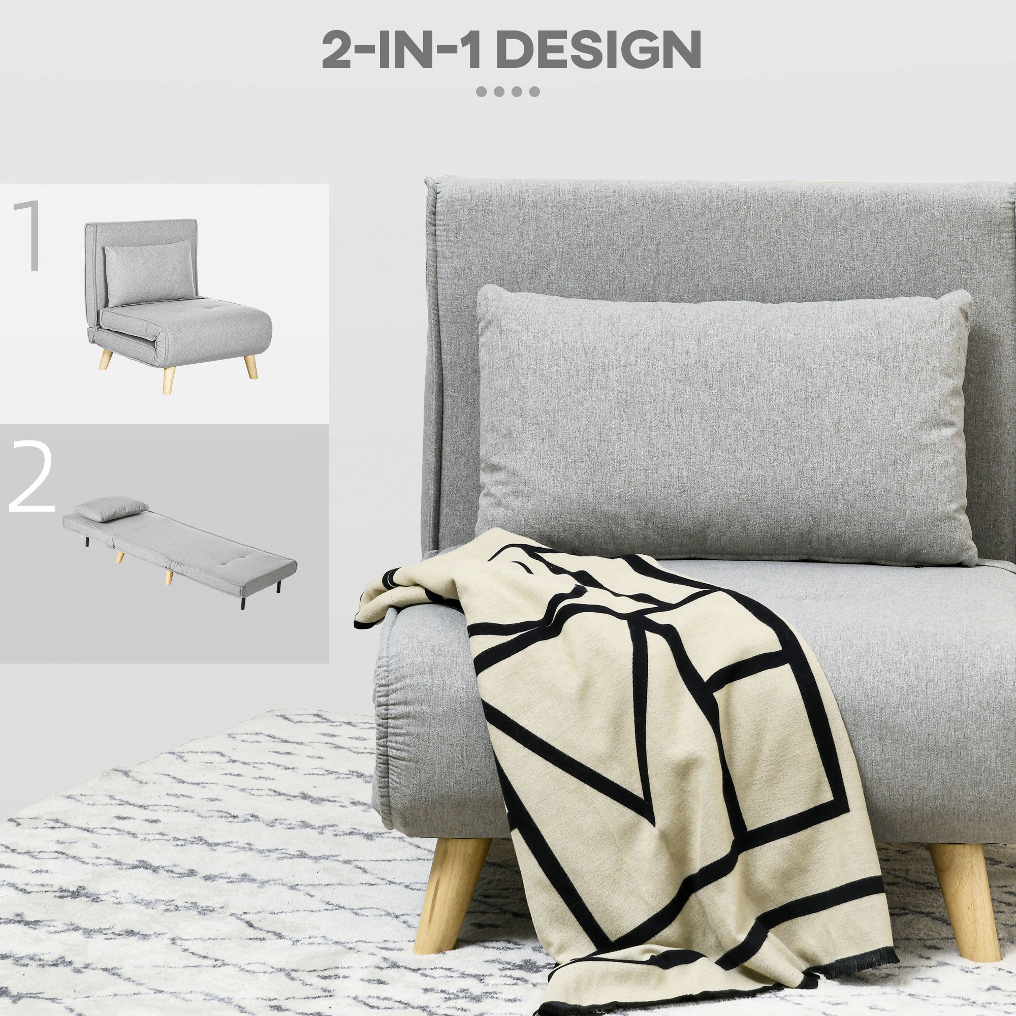 Chair Bed W/ Adjustable Backrest, 2-in-1 Multi-Functional Sofa Bed, Gray