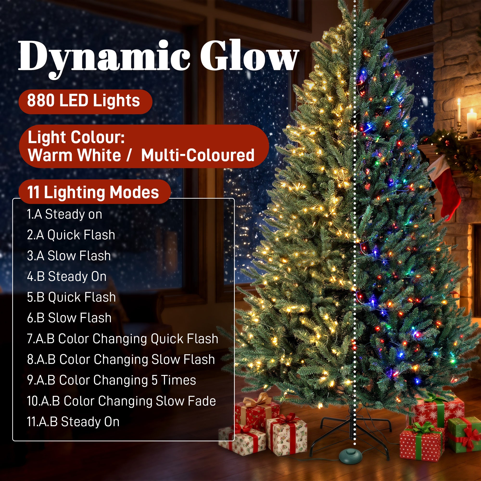 9ft Prelit Christmas Tree, Wide Colorado Blue Spruce, Easy Plug, Artificial Hinged Xmas Tree with 880 Warm White & Multi-Color LED Lights, 3409 Tips, Foldable Metal Stand for Holiday, Green