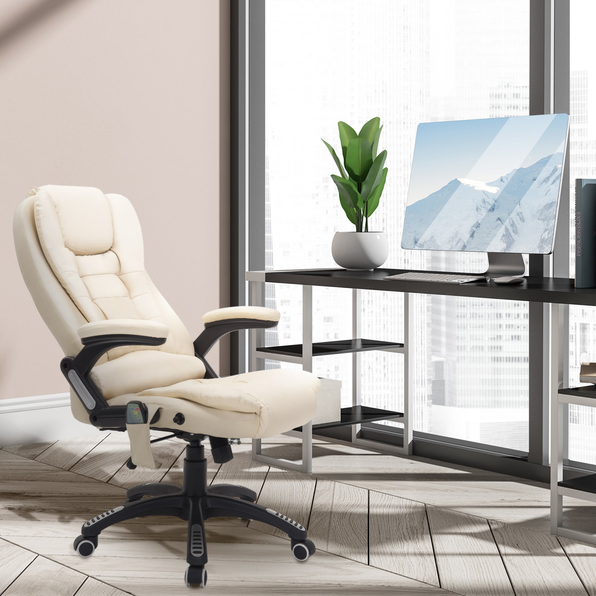 HOMCOM Executive Office Chair with Massage and Heat, High Back PU Leather Massage Office Chair with Adjustable Height, Beige