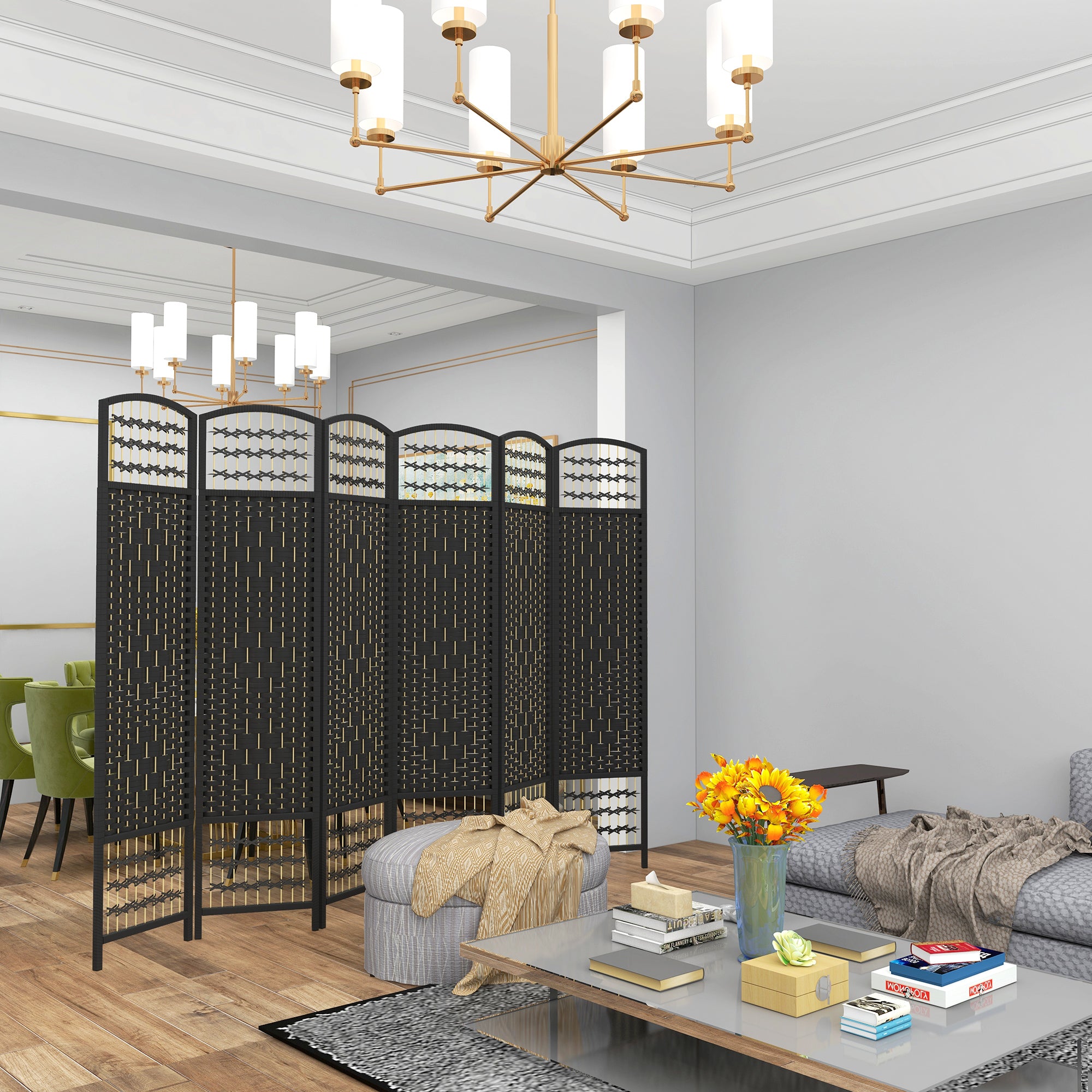 6 Panel Folding Room Divider, Portable Privacy Screen, Wave Fiber, Black