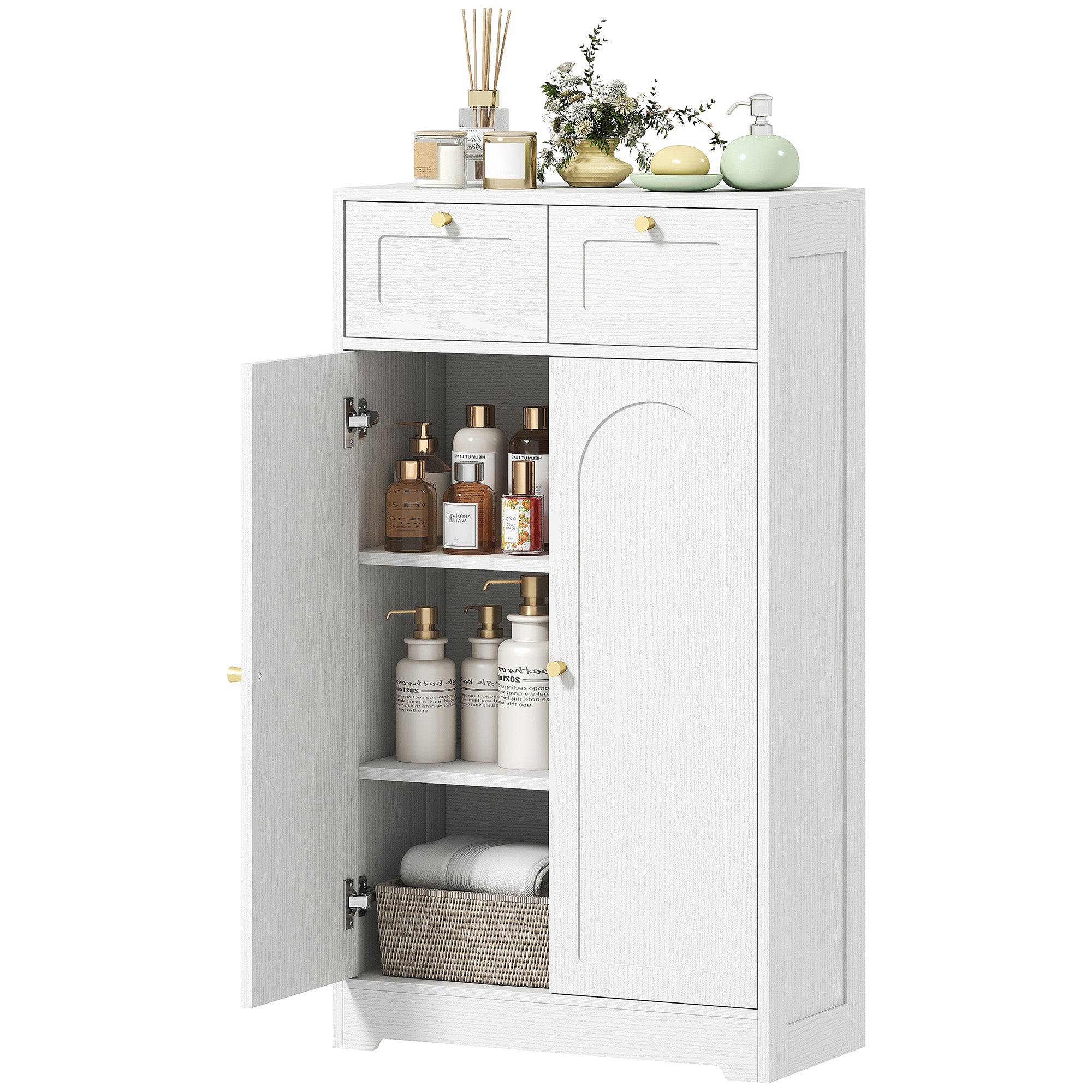 Bathroom Floor Cabinet with 2 Drawers, Freestanding Bathroom Storage Unit with Adjustable Shelf and Arched Doors, White