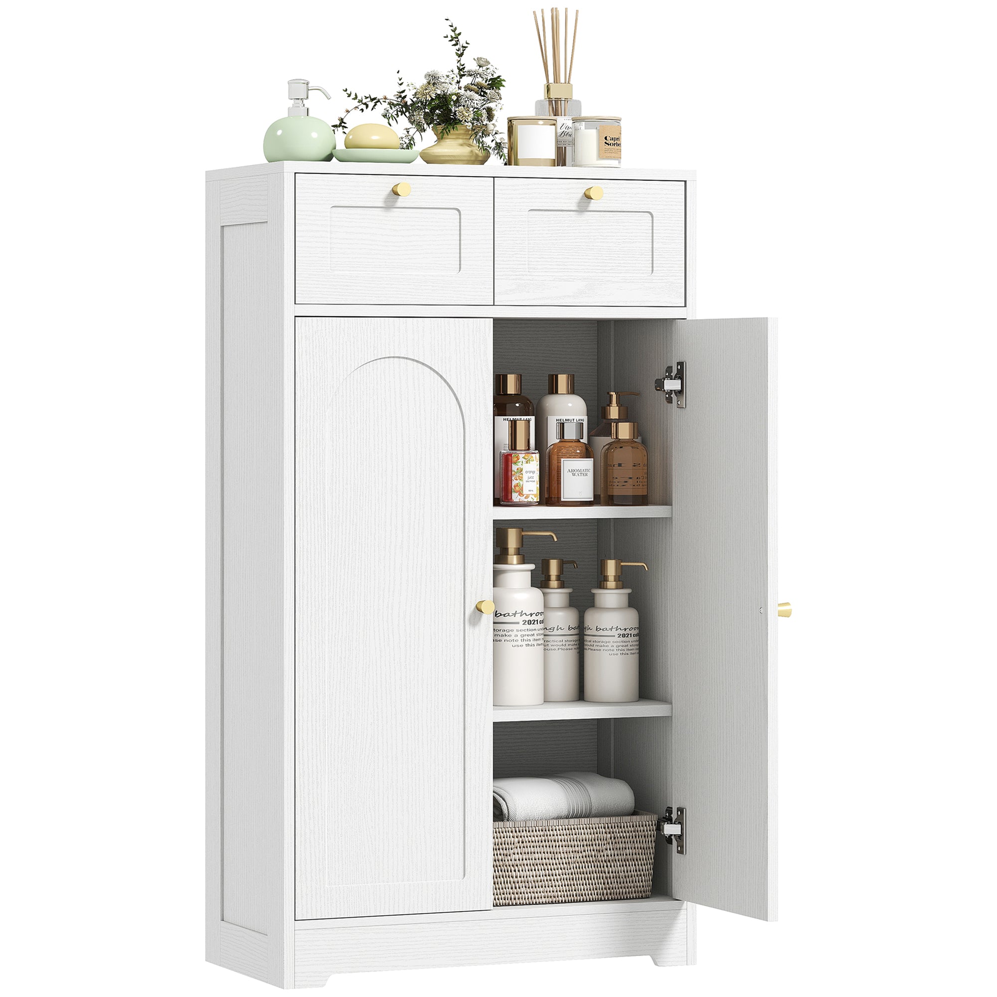Bathroom Floor Cabinet with 2 Drawers, Freestanding Bathroom Storage Unit with Adjustable Shelf and Arched Doors, White
