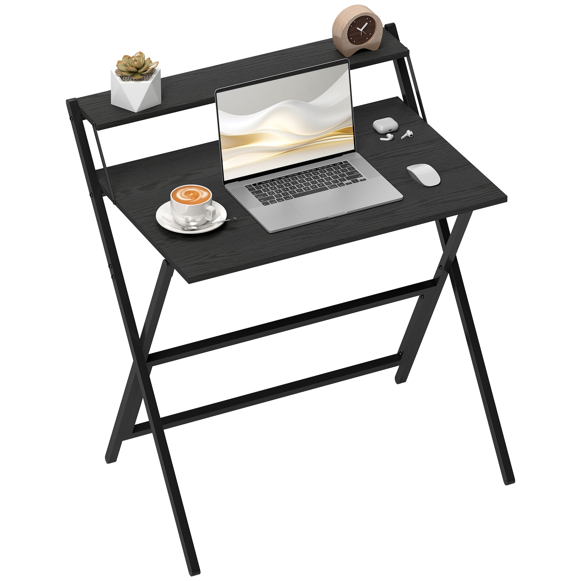 Folding Desk with Monitor Shelf, 81.5 cm Foldable Computer Desk for Small Spaces, Space Saving Writing Table Workstation for Home Office, Study, Easy Assembly, Black