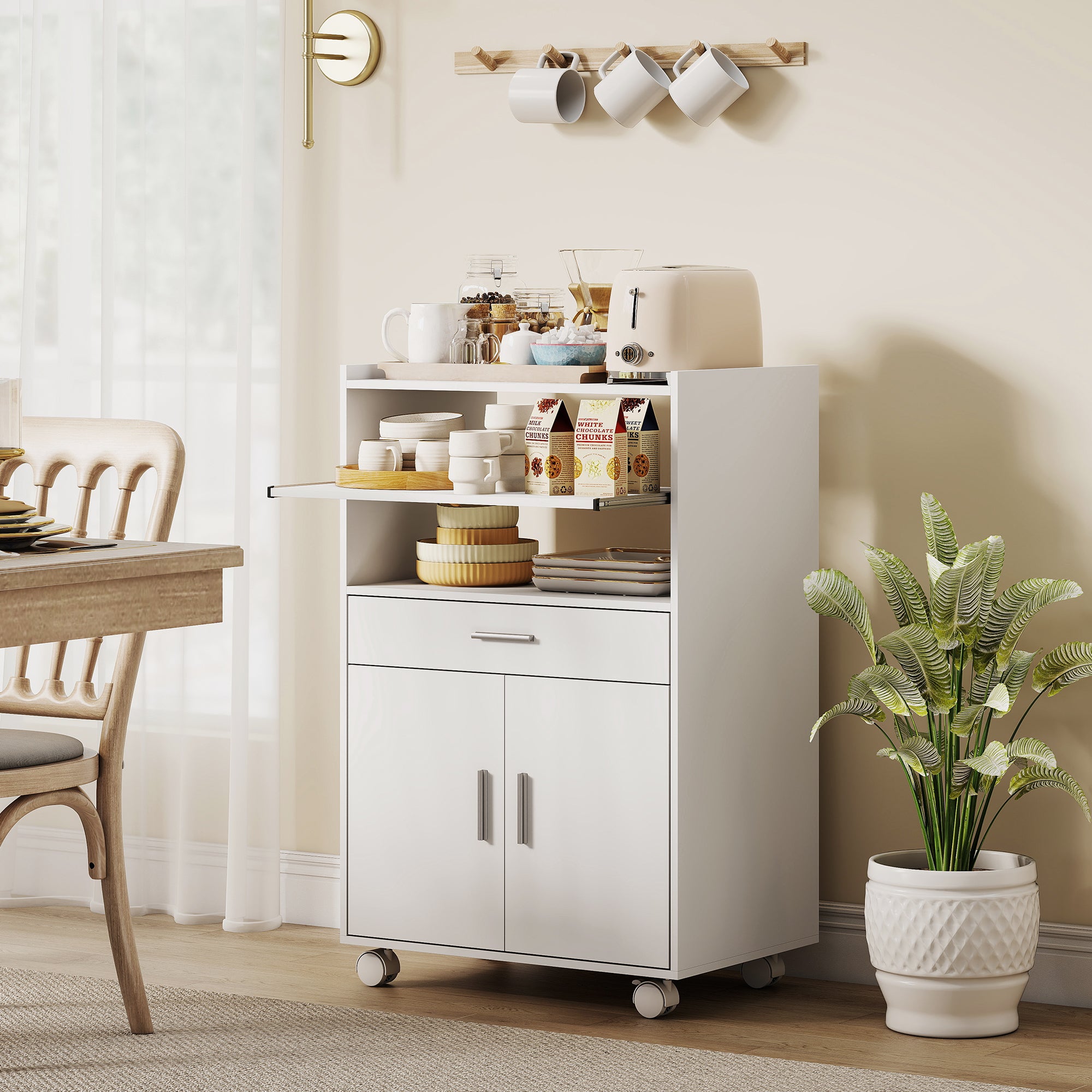 Microwave Cart with Wheels, Microwave Stand with Worktop, Open Shelves and Drawer, Storage Cabinet, White
