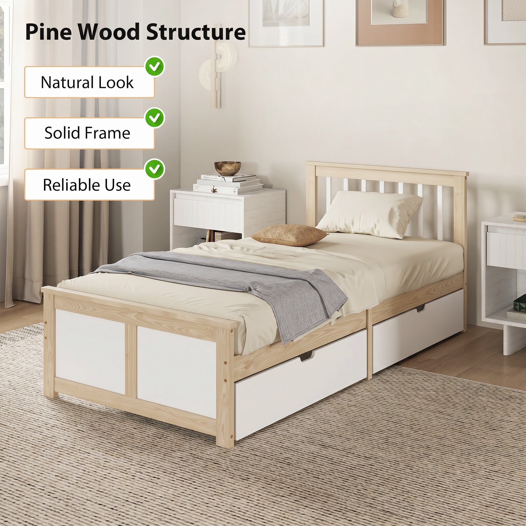 3ft Single Solid Wooden Bed Frame, Pine Storage Bed with Drawers, Headboard, Wood Slat Support, No Box Spring Needed, Easy Assembly, 90 x 190 cm, Natural Wood Finish