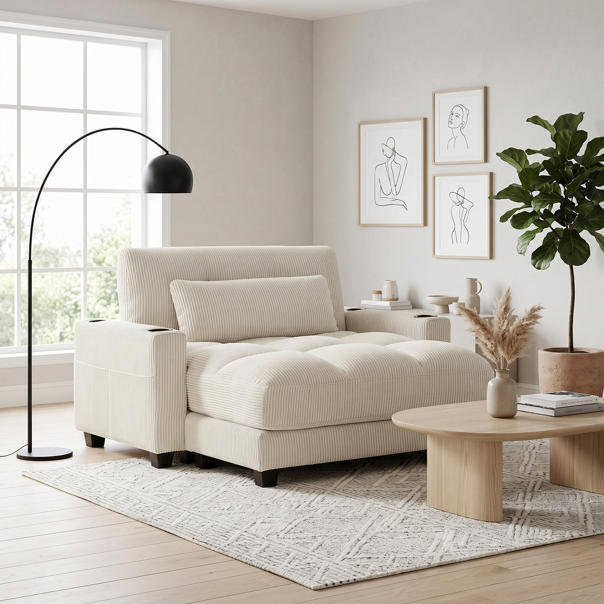58" Chaise Lounge Chair Indoor, Oversized Corduroy Upholstered Sofa Bed, 2 Cup Holders, Pillow, Deep Seat Sleeper Couch Reading Chair for Living Room, Bedroom, Cream White