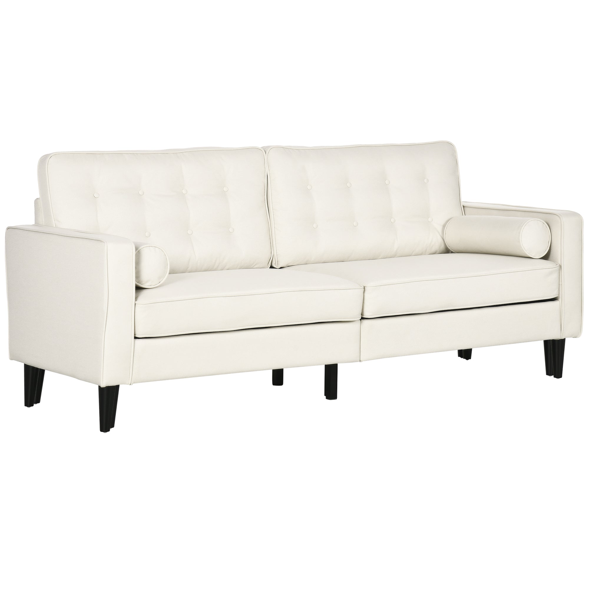 HOMCOM Mid-Century Sofa, Couch with Button-Tufted Back Cushion, Velvet Feel Fabric Upholstery, 2 Cylindrical Pillows and Rubber Wood Legs, Cream White