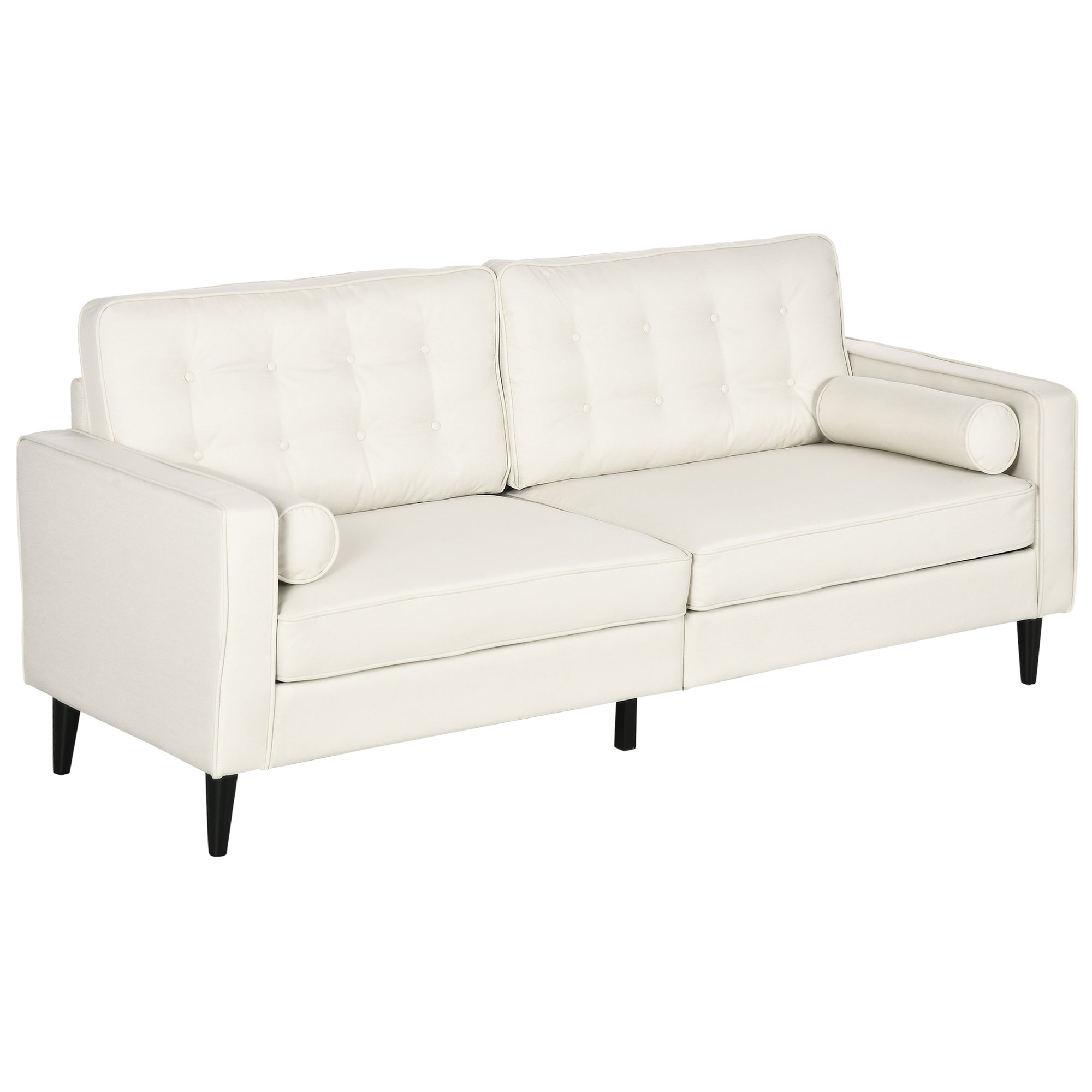 HOMCOM Mid-Century Sofa, Couch with Button-Tufted Back Cushion, Velvet Feel Fabric Upholstery, 2 Cylindrical Pillows and Rubber Wood Legs, Cream White