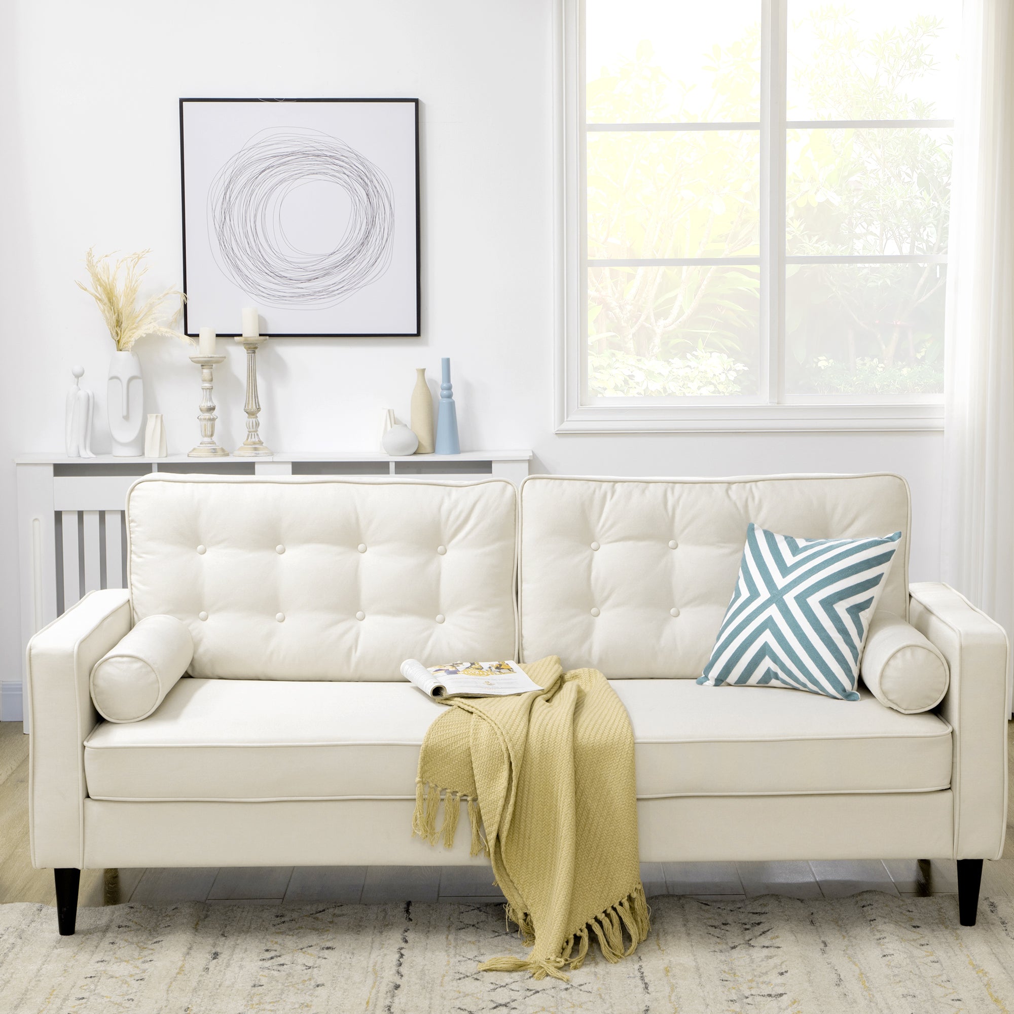 HOMCOM Mid-Century Sofa, Couch with Button-Tufted Back Cushion, Velvet Feel Fabric Upholstery, 2 Cylindrical Pillows and Rubber Wood Legs, Cream White