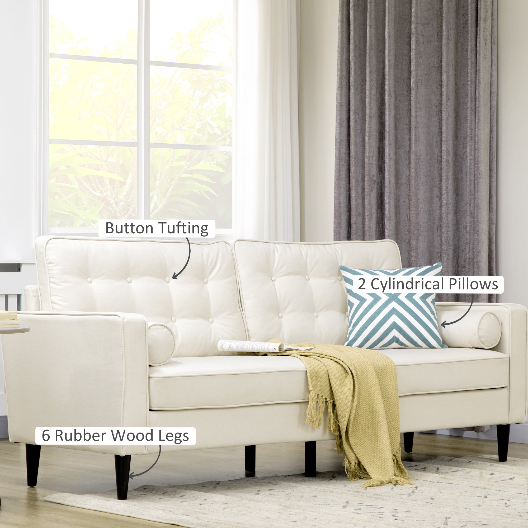 HOMCOM Mid-Century Sofa, Couch with Button-Tufted Back Cushion, Velvet Feel Fabric Upholstery, 2 Cylindrical Pillows and Rubber Wood Legs, Cream White