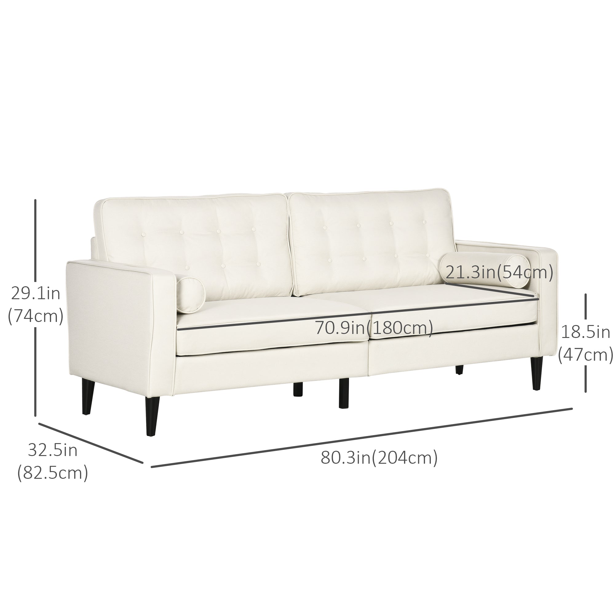 HOMCOM Mid-Century Sofa, Couch with Button-Tufted Back Cushion, Velvet Feel Fabric Upholstery, 2 Cylindrical Pillows and Rubber Wood Legs, Cream White