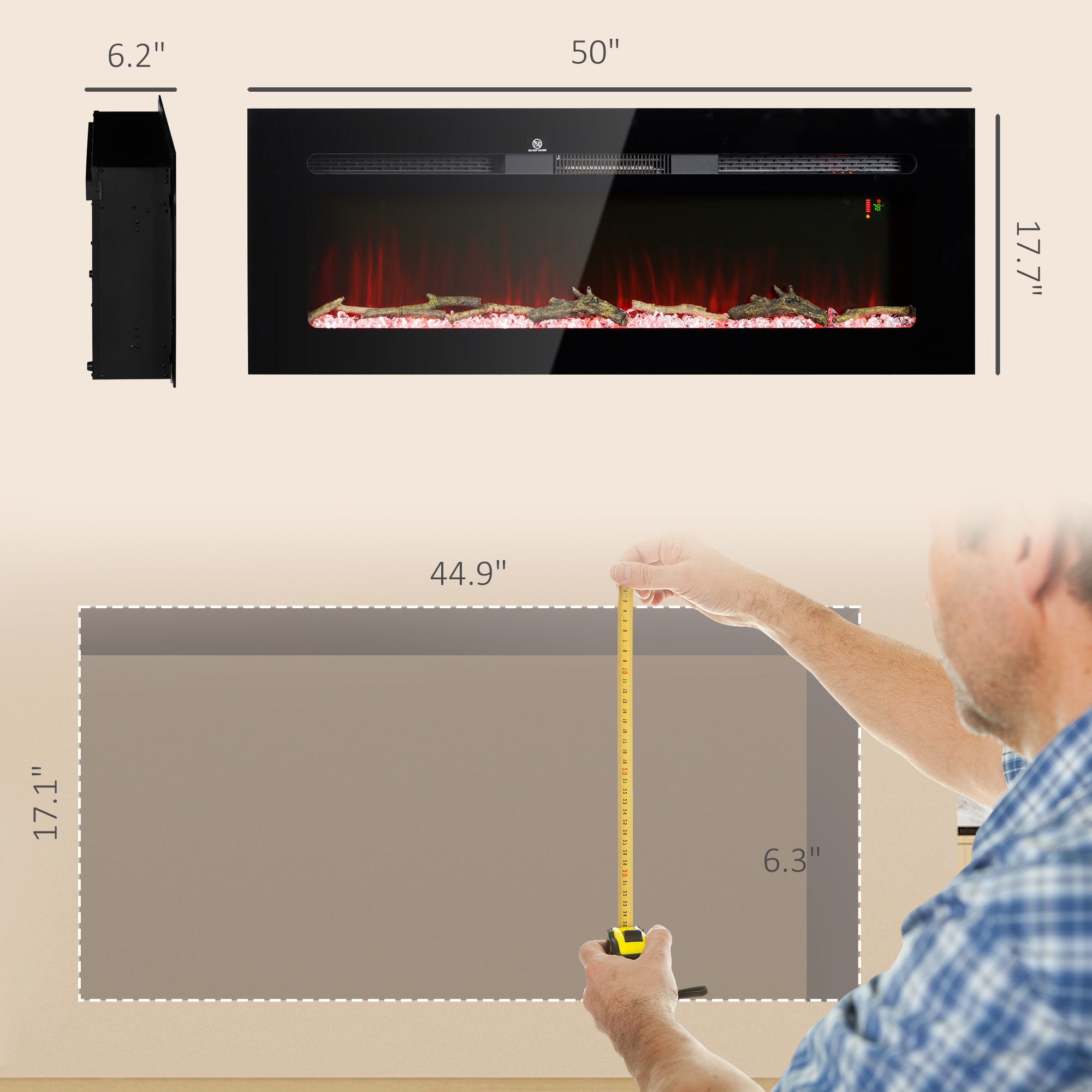 50" Electric Fireplace Heater with Remote Control, Adjustable Color & Brightness, Black