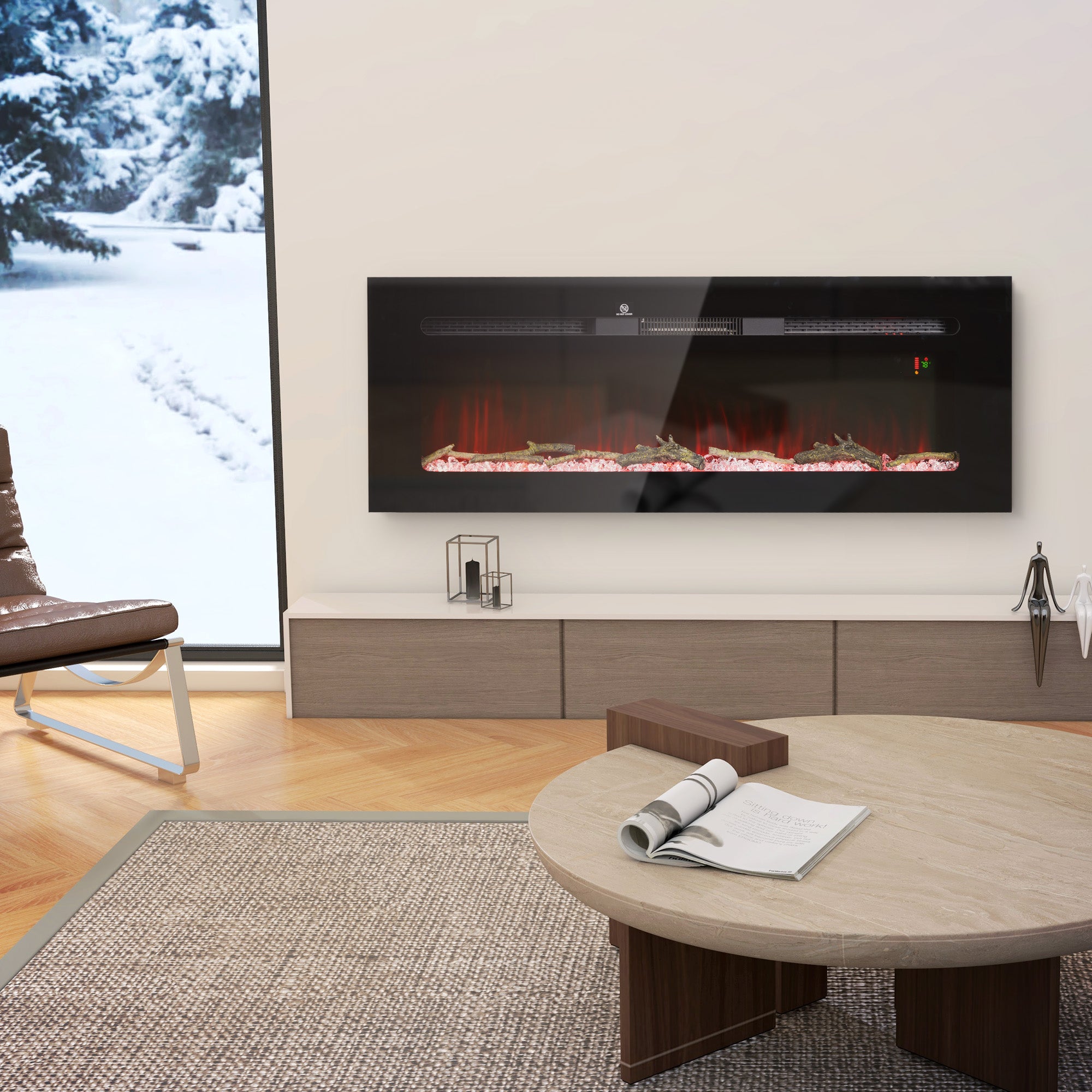 50" Electric Fireplace Heater with Remote Control, Adjustable Color & Brightness, Black