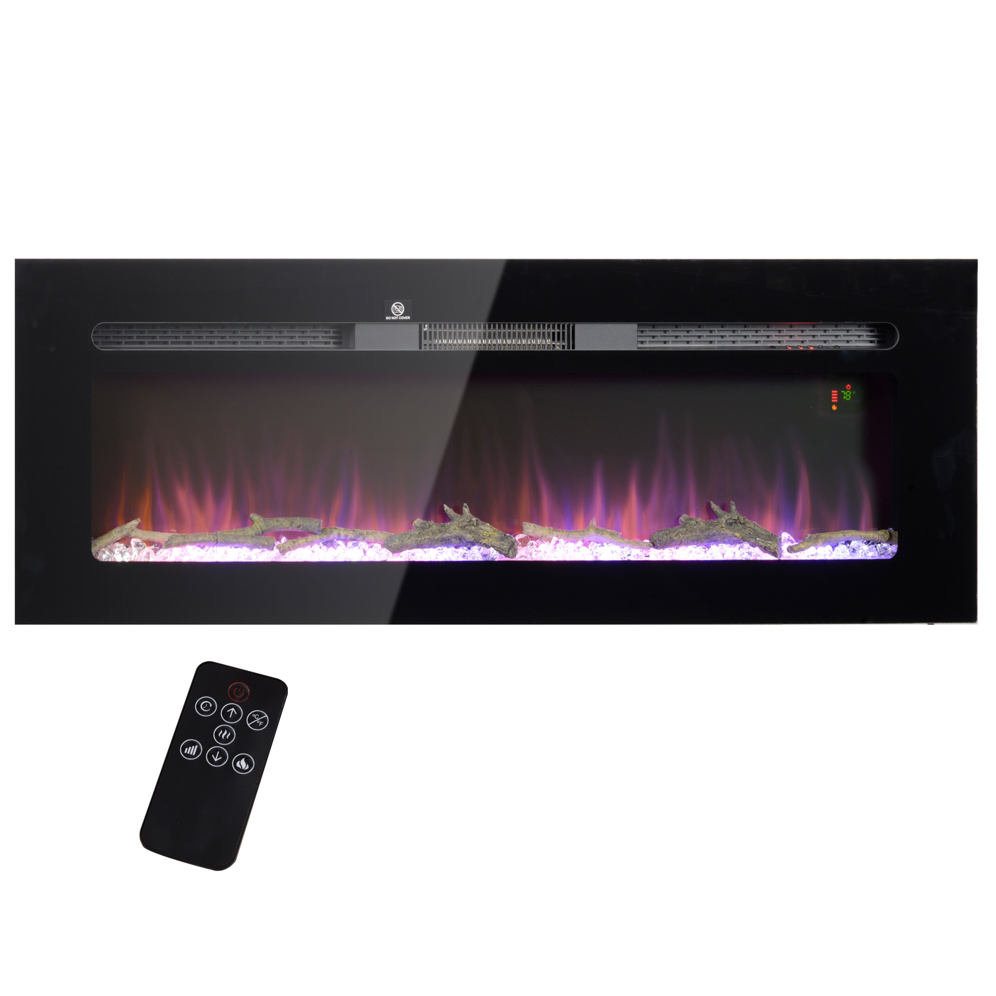 50" Electric Fireplace Heater with Remote Control, Adjustable Color & Brightness, Black
